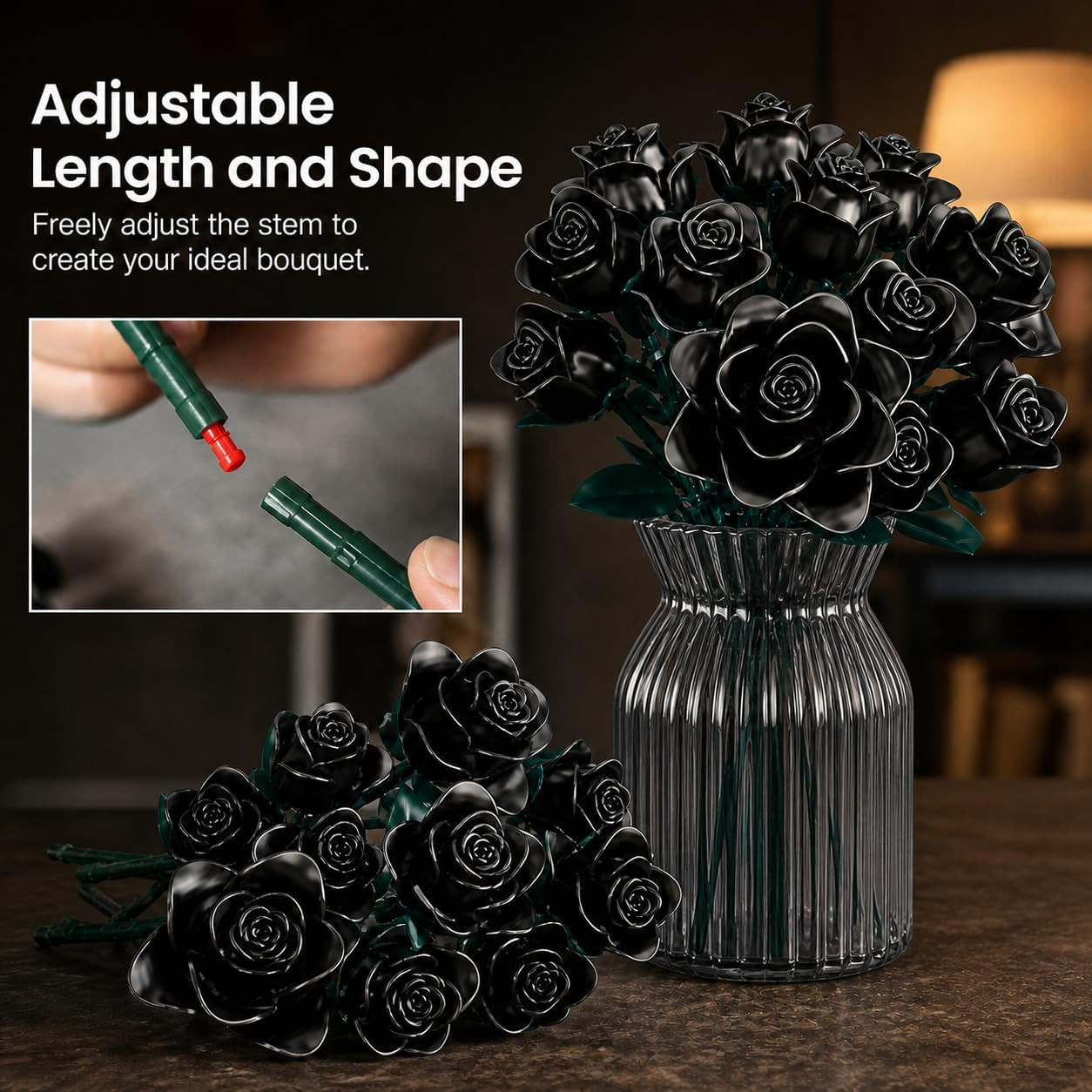 Black Roses Bouquet Building Set, 634Pcs Artificial Rose DIY Floral Home Office
