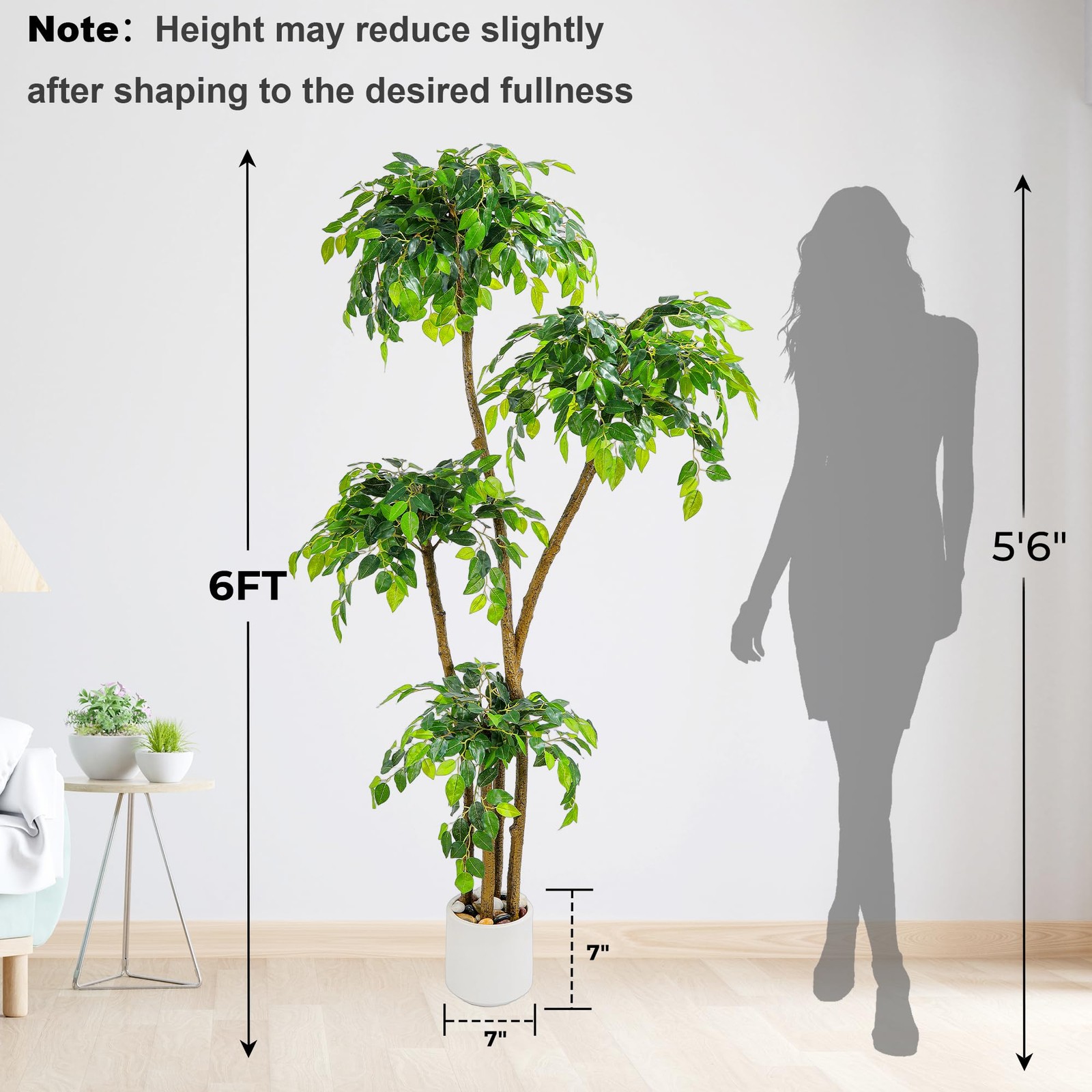 6FT Artificial Ficus Tree with White Planter and Pebbles,Faux Silk 6ft, Green