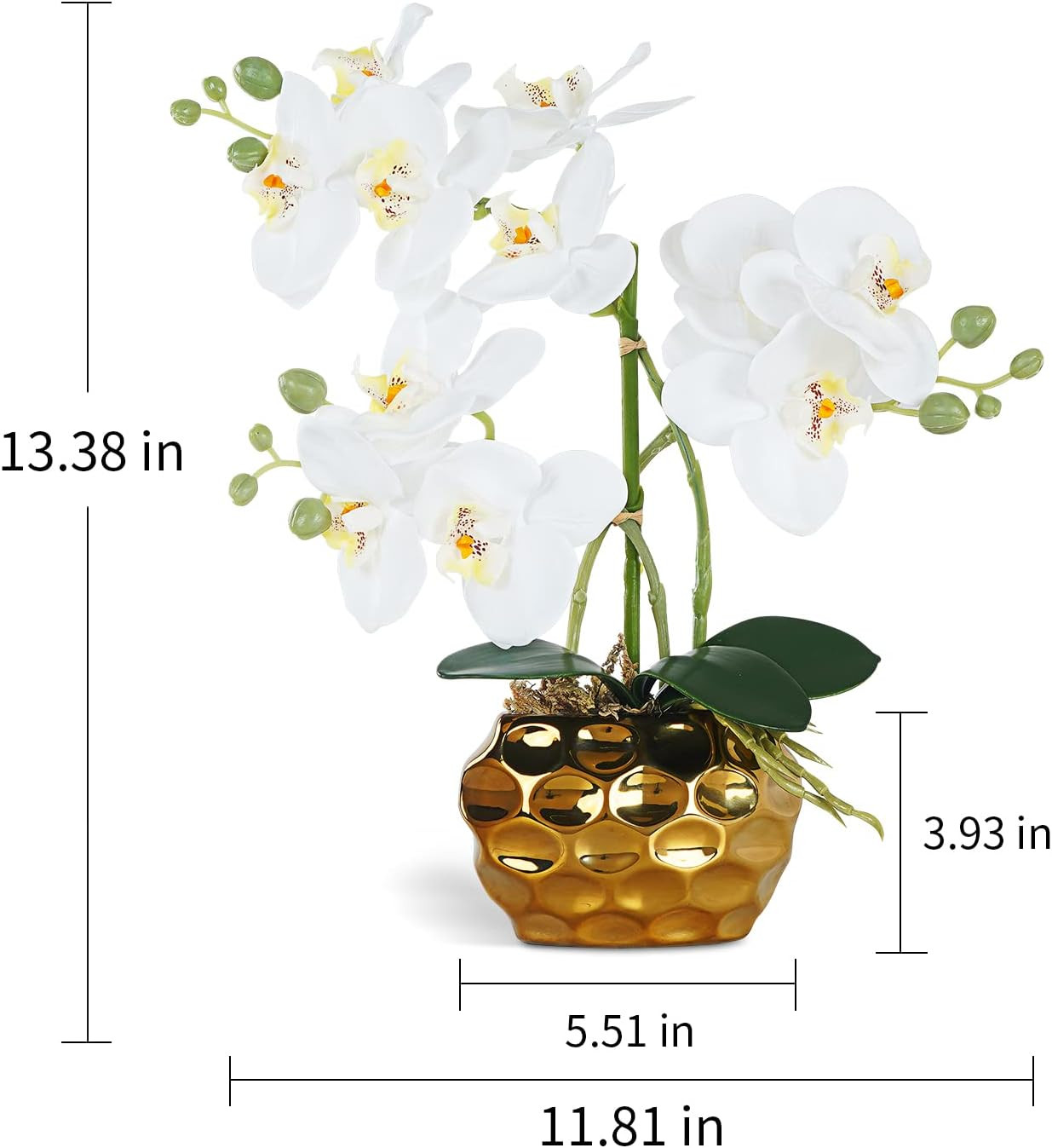 Realistic White Faux Orchid Arrangement in Ceramic Pot for Home Decor