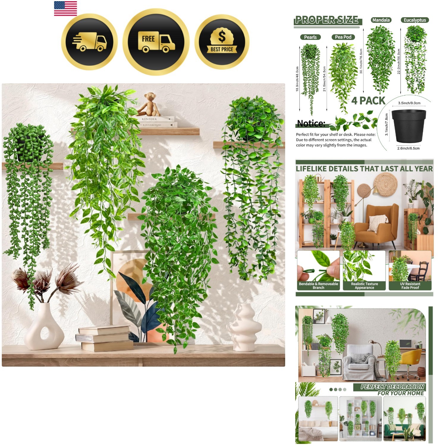4 Pack Faux Artificial Hanging Plants, UV Resistant Fake Potted Greenery with…
