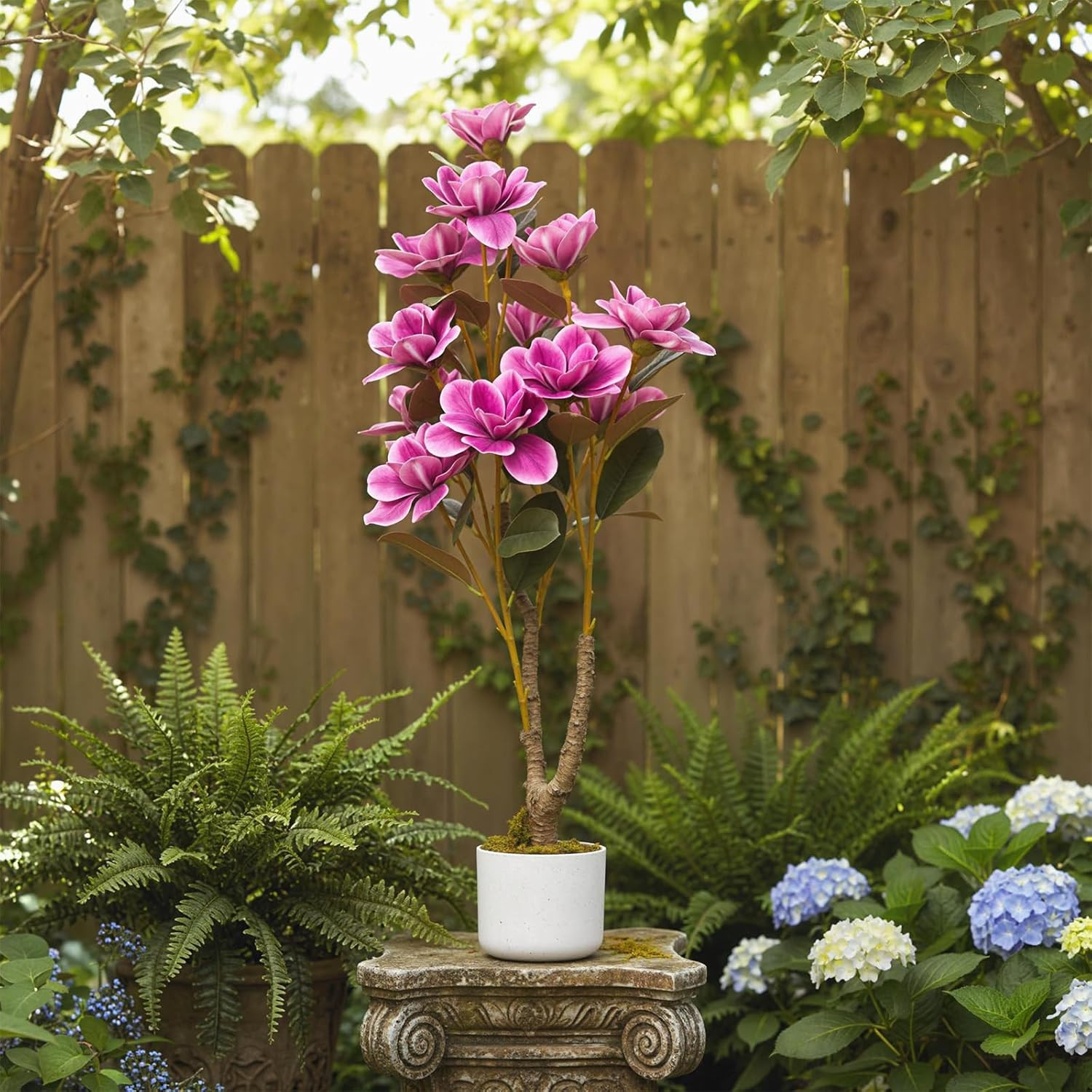 Pink Faux Magnolia Tree – 37.4″ Artificial Yulan Orchid Plant for Home Decor