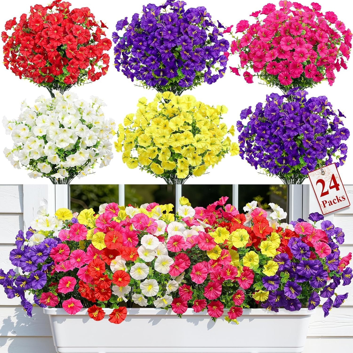 All-Weather 24 Bundle Silk Morning Glory Set – Mix of 5 Colors for Outdoor Décor