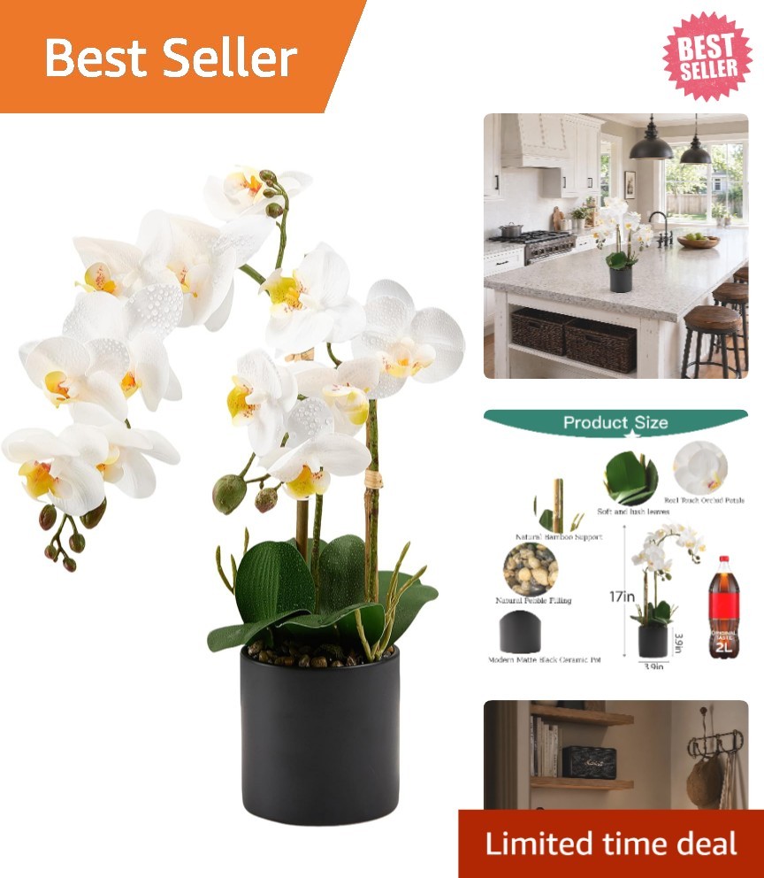 Low-Maintenance 17” Faux Orchid in Modern Black Pot – Perfect Decorative Accent
