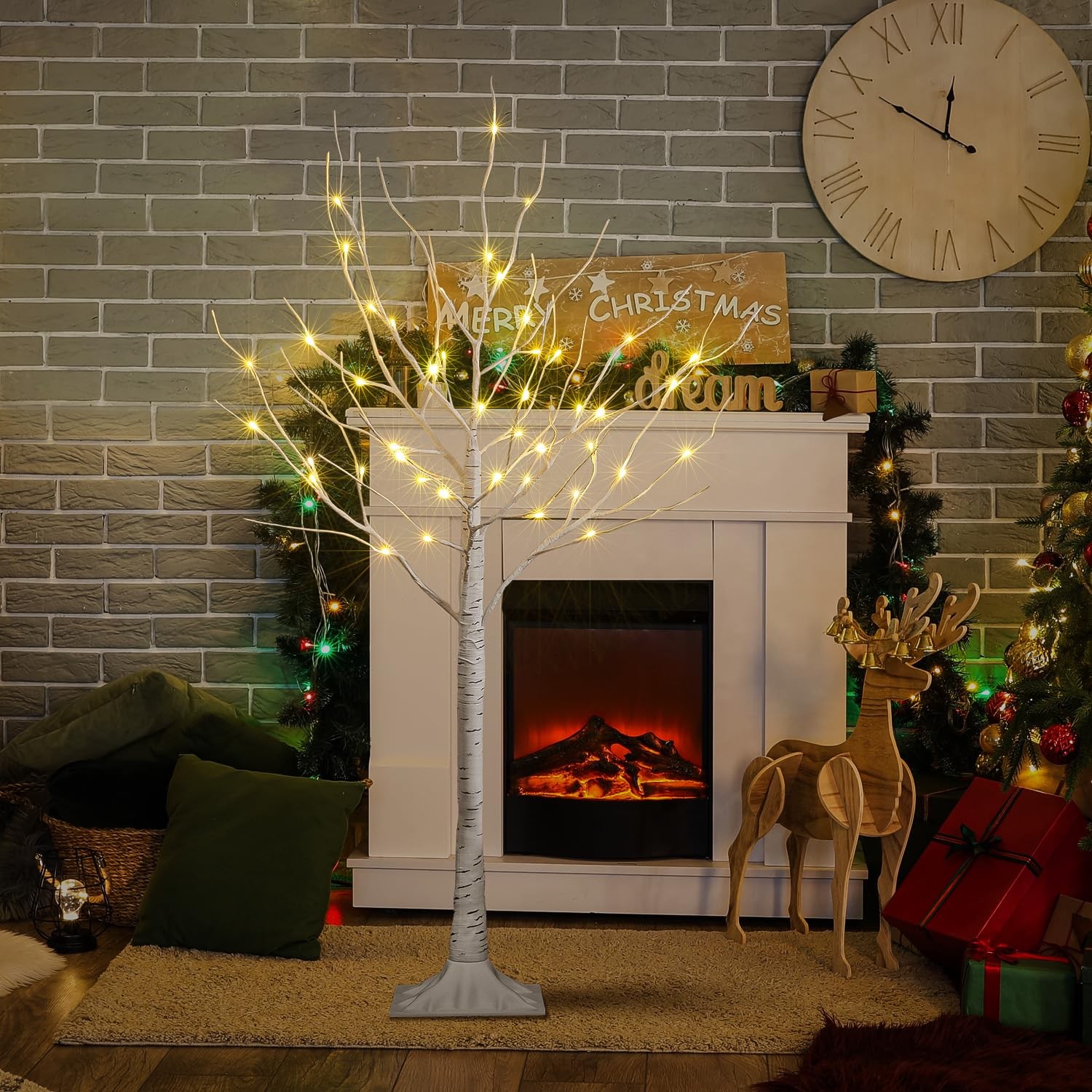 4 Feet Birch Tree, 48 LED Lights, Warm White, for Home, Festival, Party, and Chr