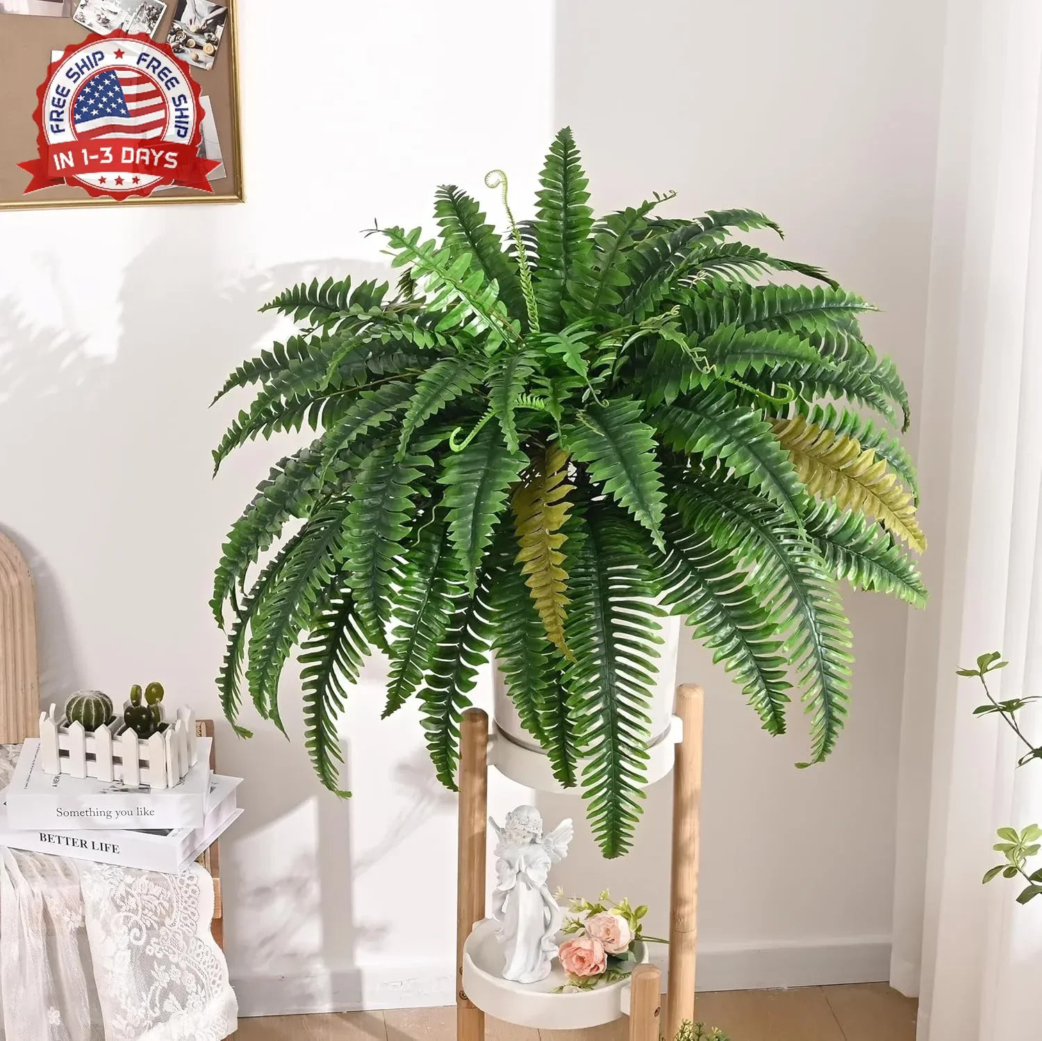 2PCS 45in Fake Ferns- Large Artificial Plants Outdoor, UV Resistant Artificial F