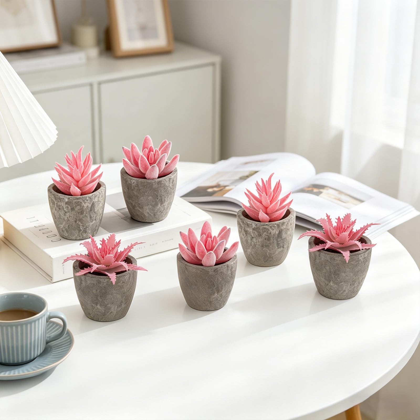 6 Pack Pink Succulents Plants Artificial in Pots, Fake Mini Planted Succulent…