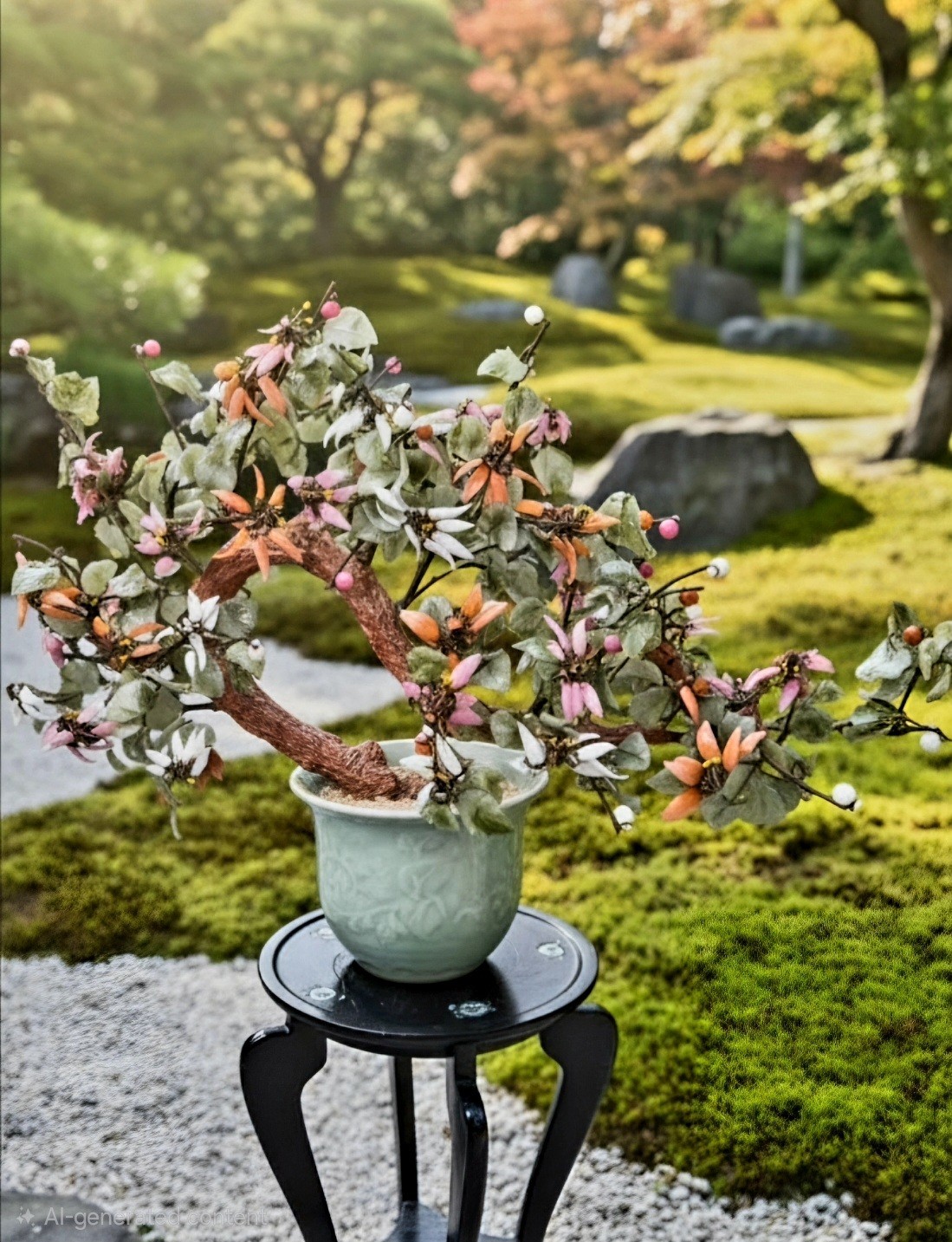 Vintage Chinese Jade Glass Hardstone Flower Bonsai Tree Celadon Vase Chipped