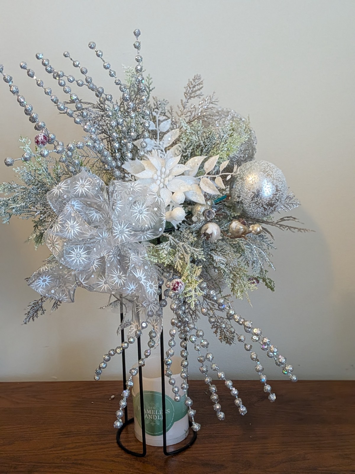 Silver floral table decor w/candle (handmade)