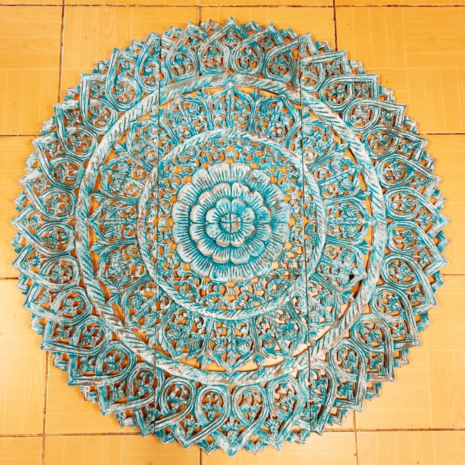 36″ Turquoise Wood Mandala Wall Art Teal White Wash Carved 3-Piece Bohemian #G