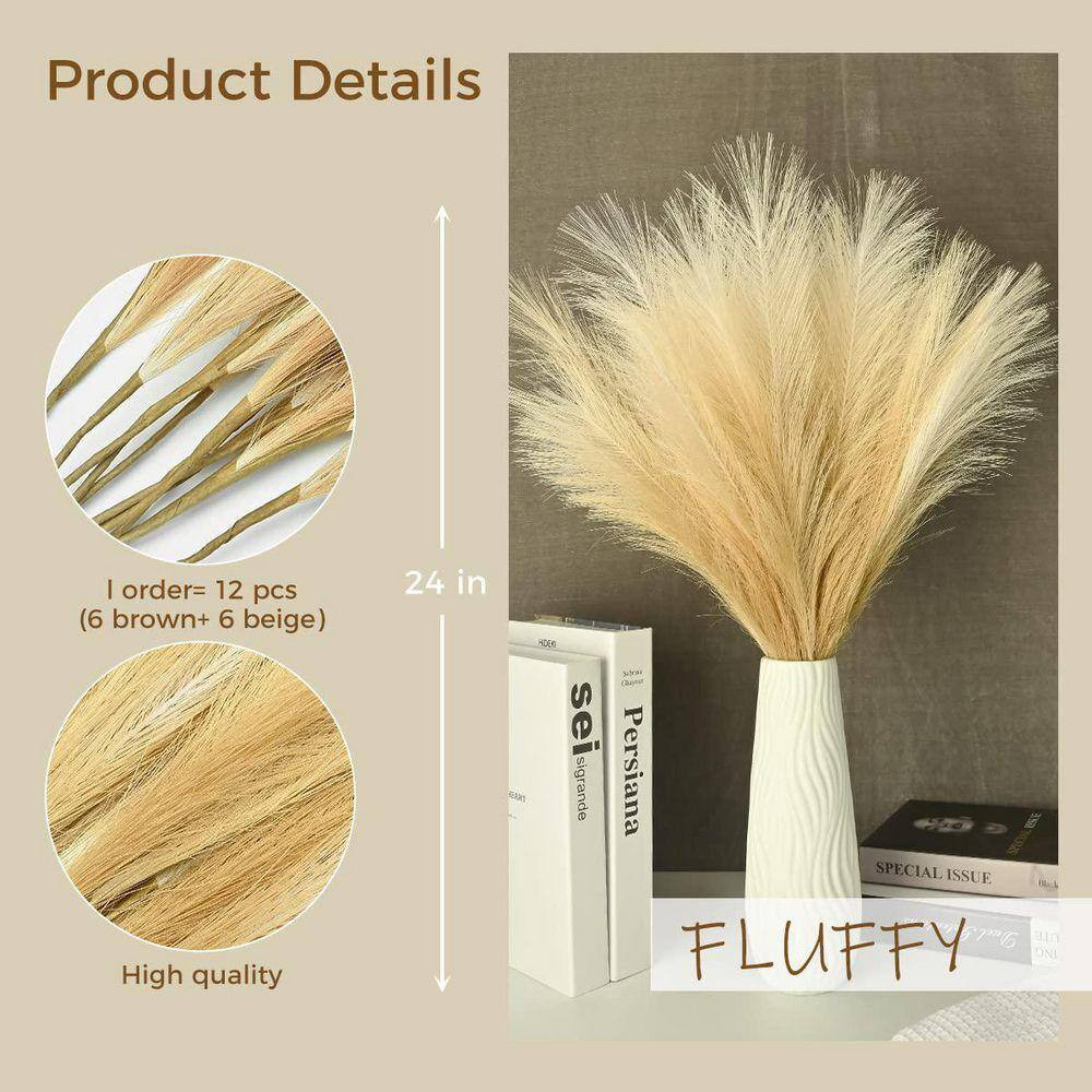 2.13 In. 12-Pieces Beige and Brown Artificial Plant Faux Pampas Grass Non-Sheddi