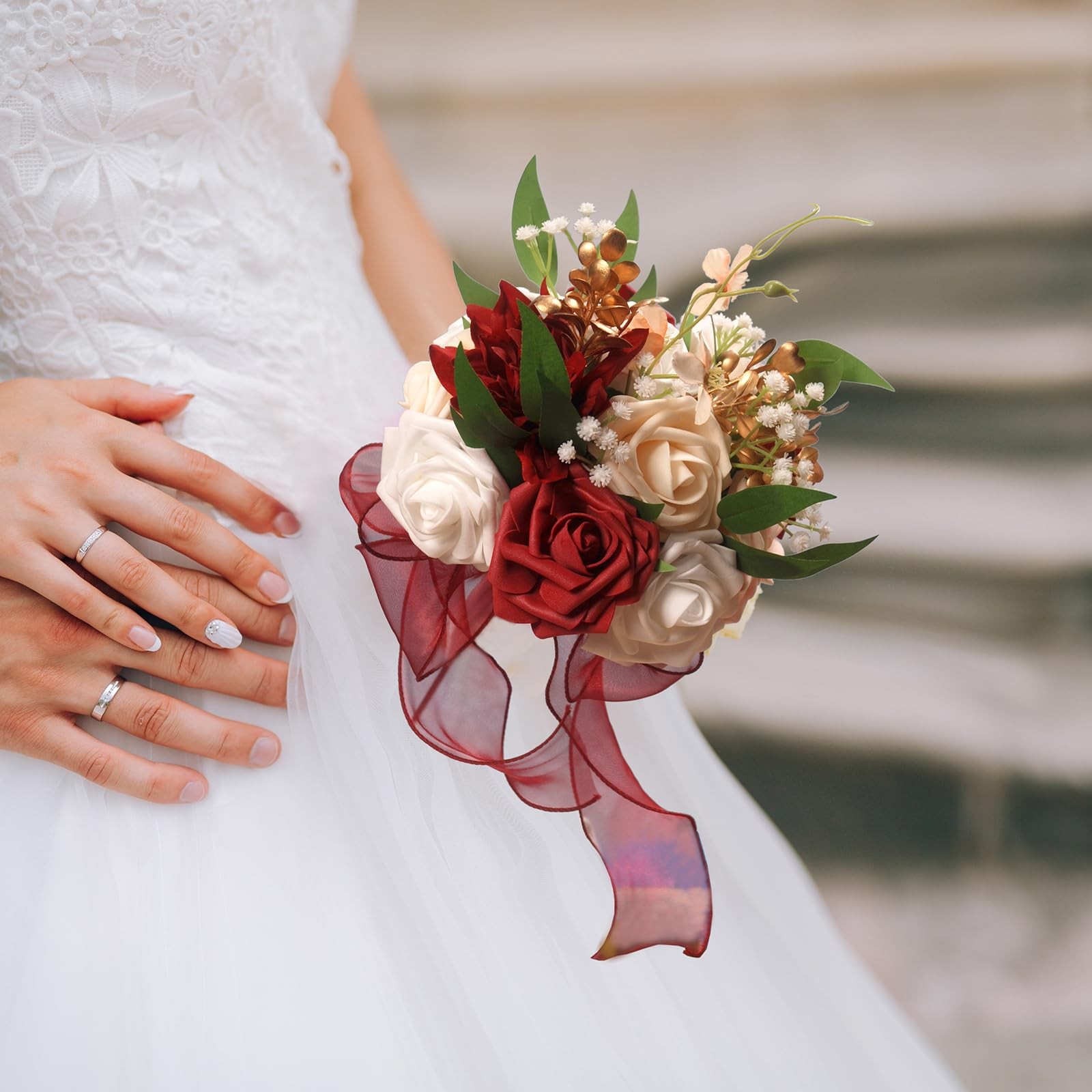 Burgundy White Silk Ribbon Artificial Toss Rose Wedding Bridesmaid Bouquet
