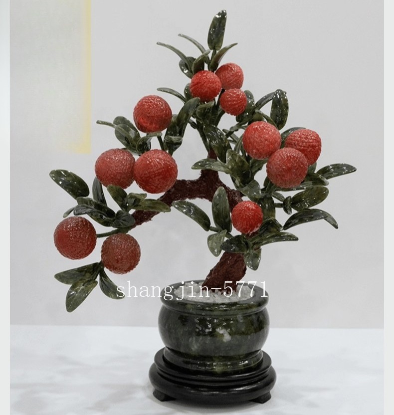 Natural Jade Stone Litchi Bonsai Tree Fruit Plant Feng Shui Home Office Decor