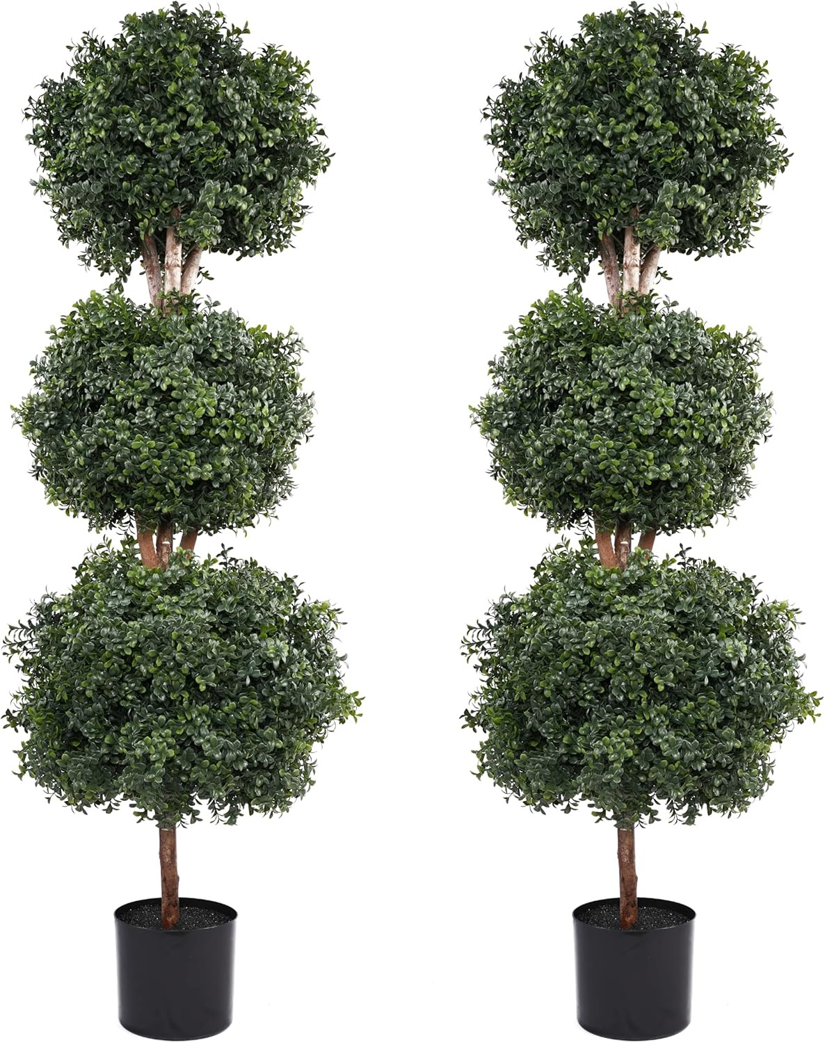 4.8Ft Artificial Topiary Triple Ball Trees – 2 Potted Faux Boxwood Plants