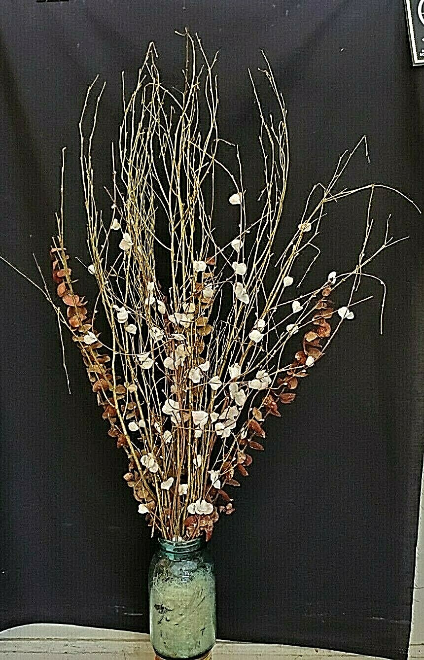 White & Pink Blossoms, Red Eucalyptus & Gold Painted Branches in a Mason Jar