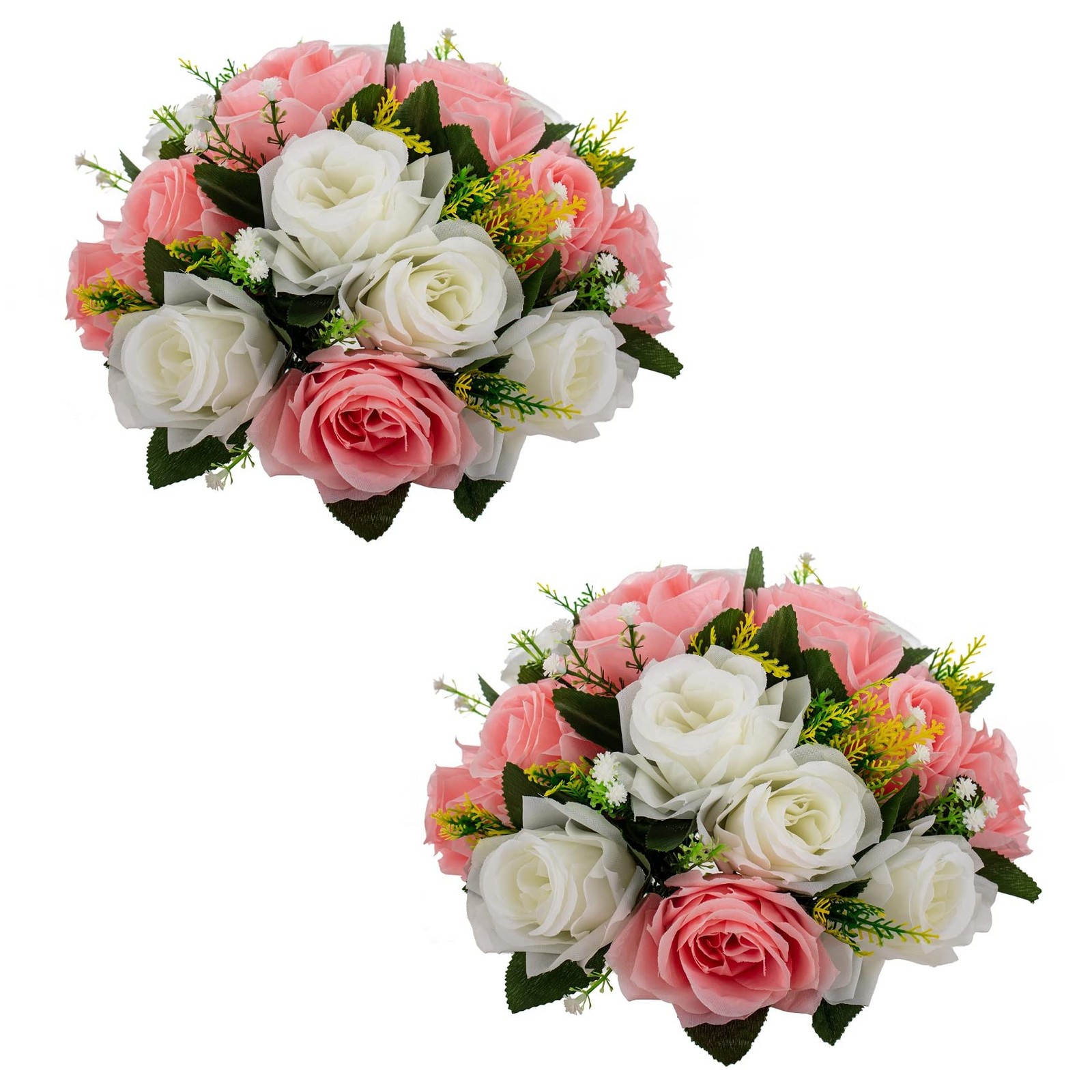 LANLONG 2 PCS Fake Flower Ball Arrangement Bouquet, 15 Heads Plastic Roses wi