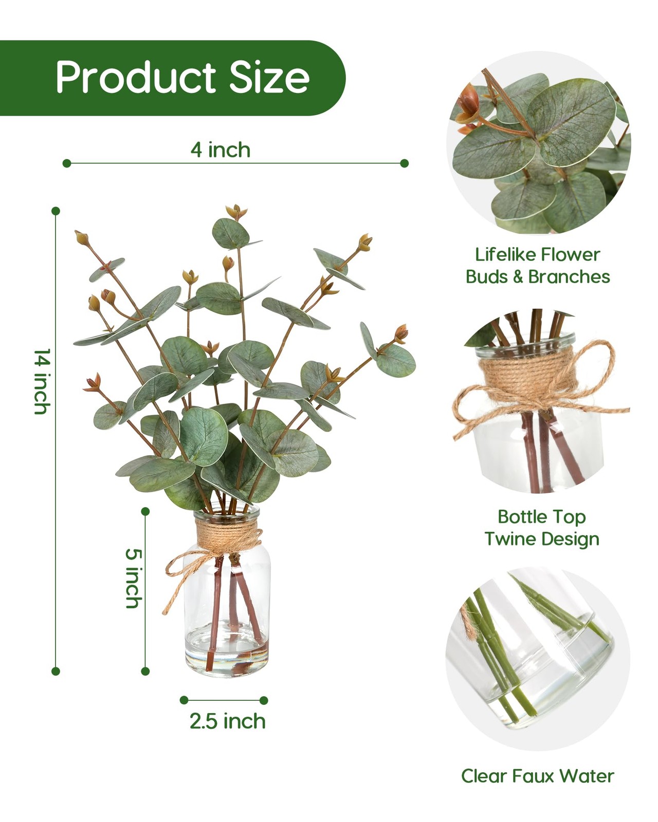 Faux Eucalyptus Stems in Vase with Faux Water, Fake Plants Artificial Eucalyp…