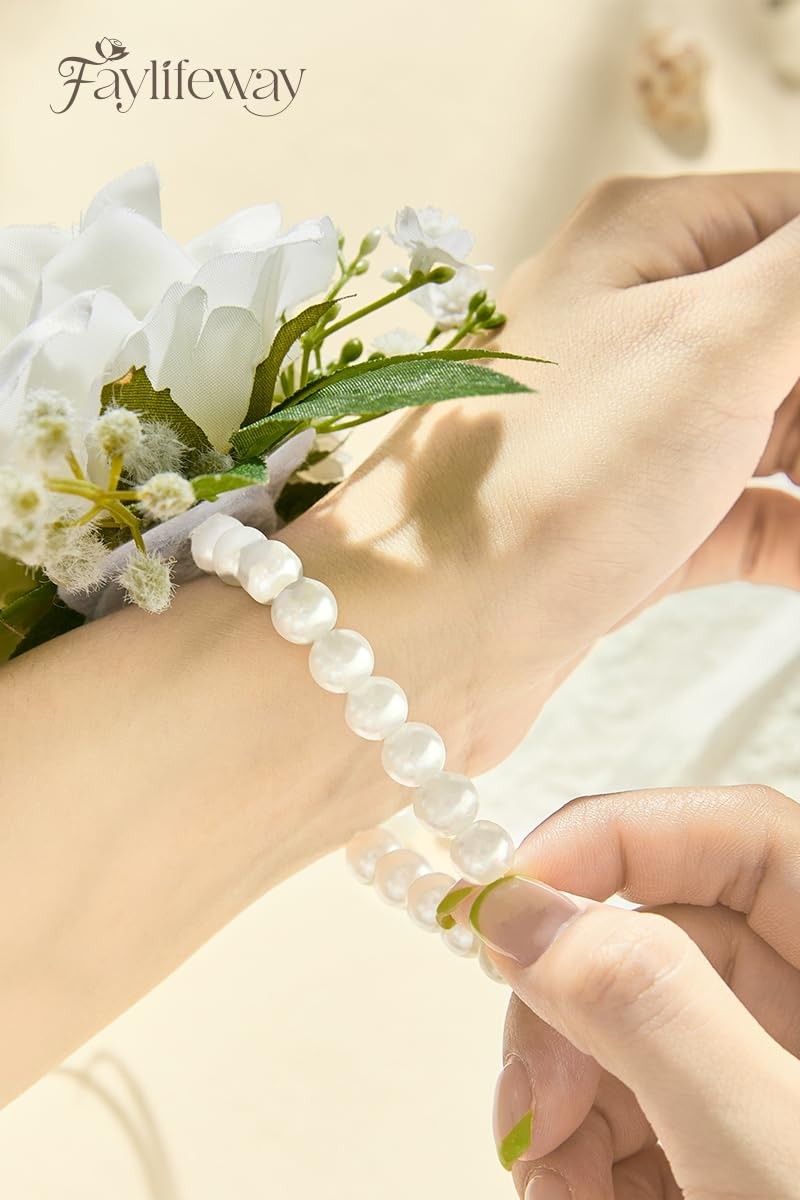 2 PCS White Rose Boutonniere & Wrist Corsage Set Wedding Prom Homecoming