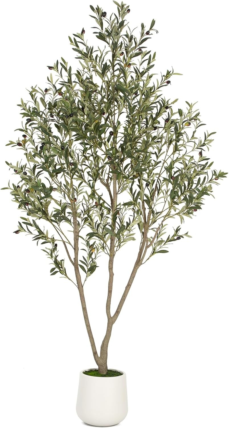 Olive Trees Artificial Indoor 7FT Tall Faux Olive Tree W/ White Tall Planter
