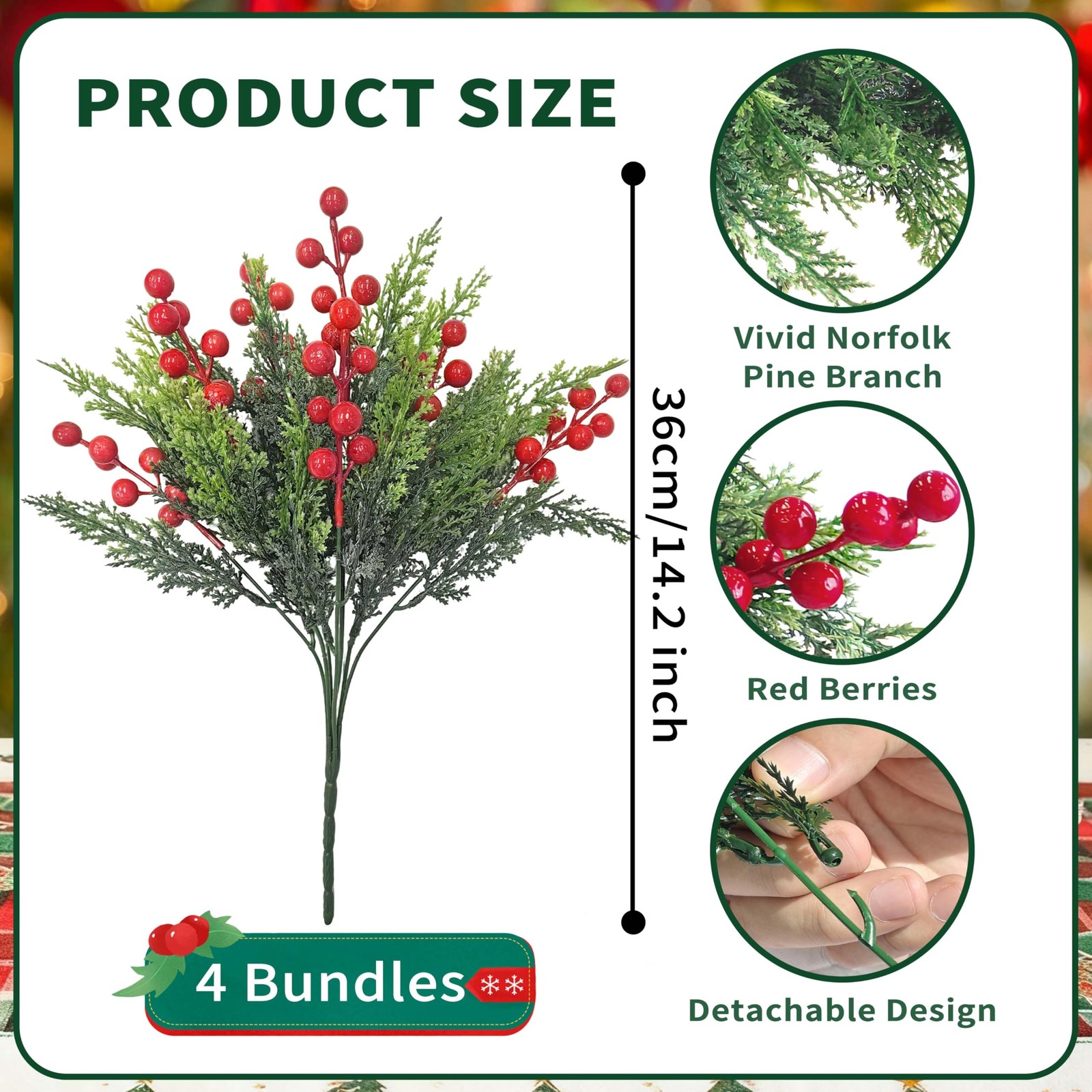 4 Bundles 84 Pcs Christmas Artificial Flowers,Faux Norfolk Pine Branches with…