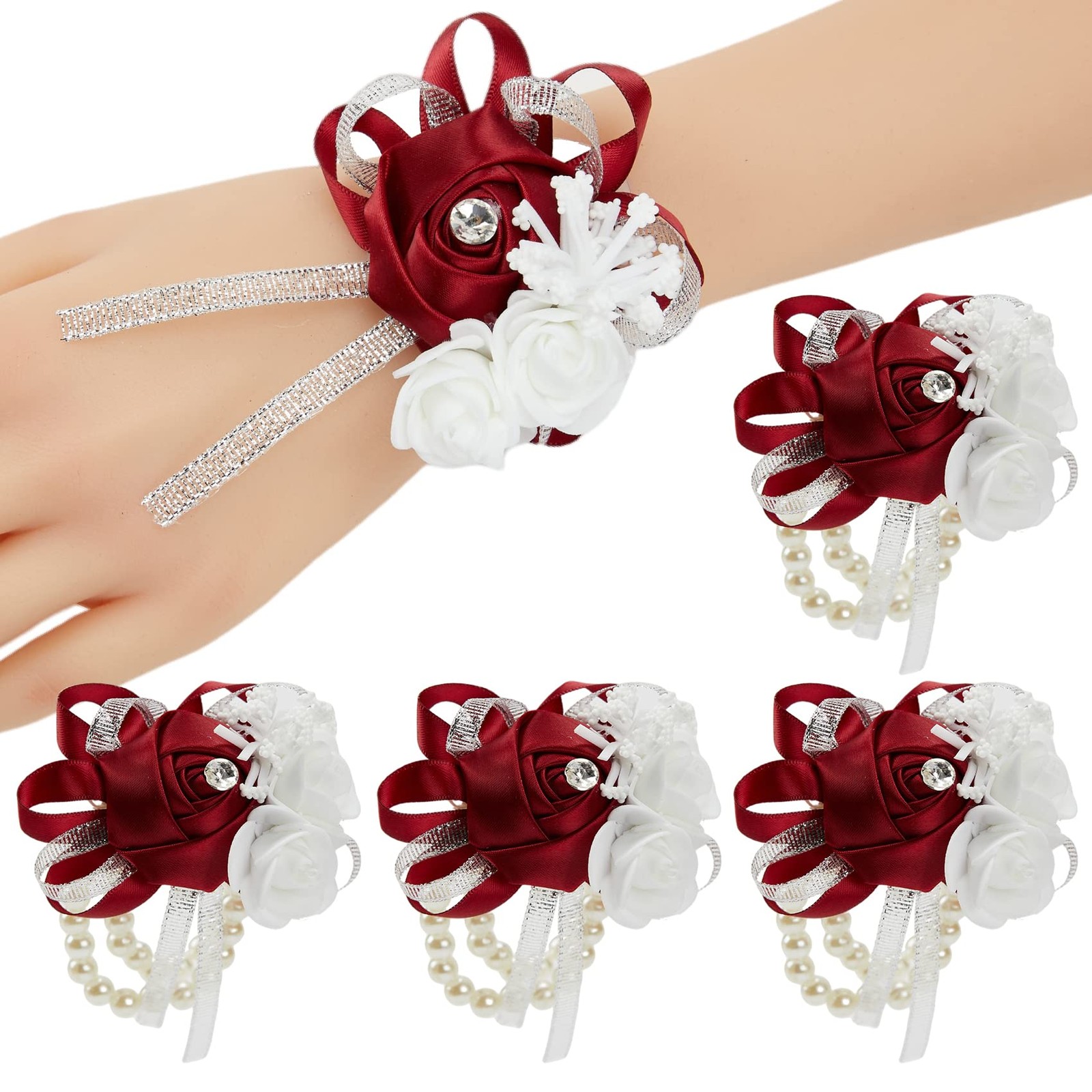 4 PCS Burgundy Wrist Corsage Wedding Rose Wine Red Prom Bridal Hand Flower