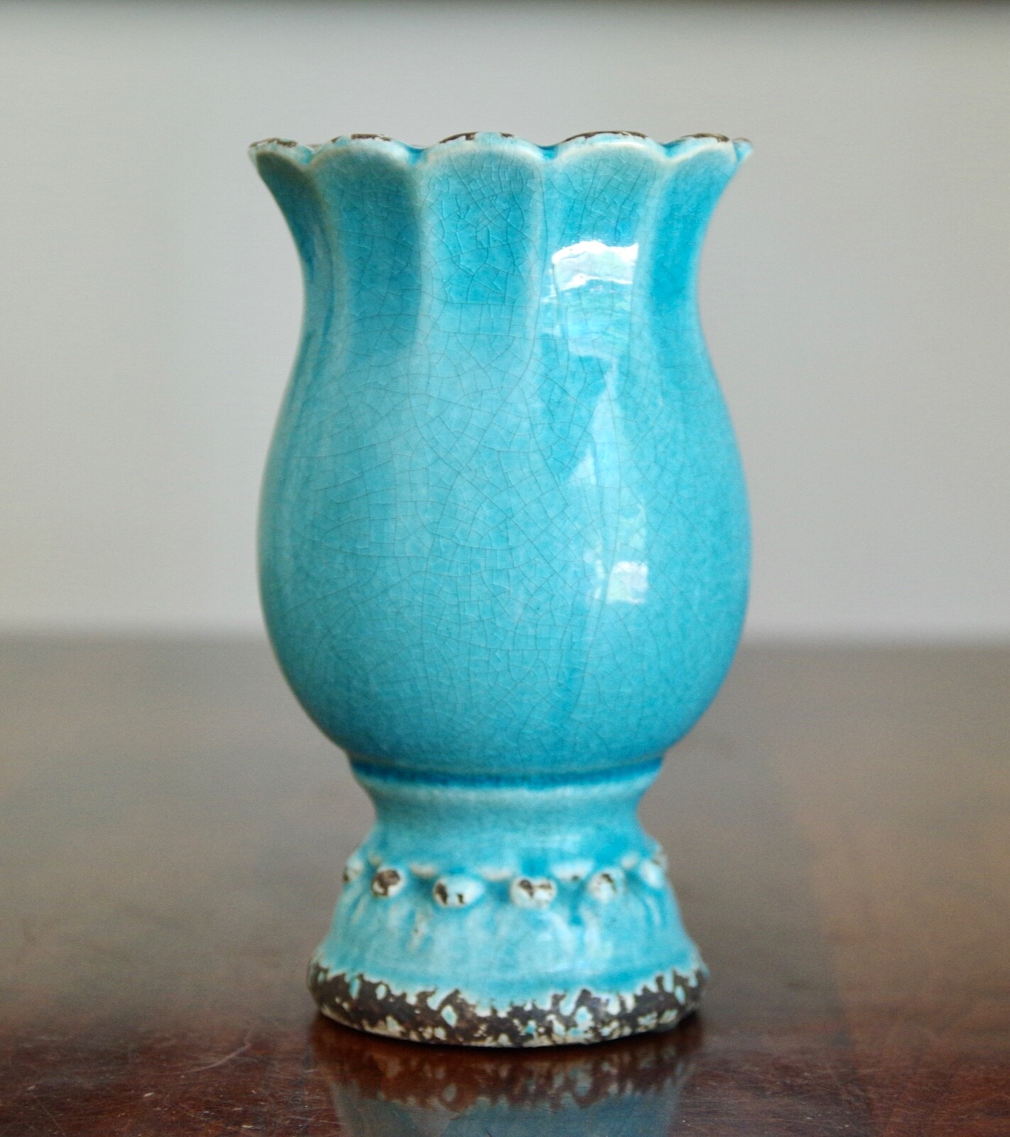 Silk Arrangement of Blue Roses, Hydrangeas and Beige Lilies in Blue Ceramic Vase