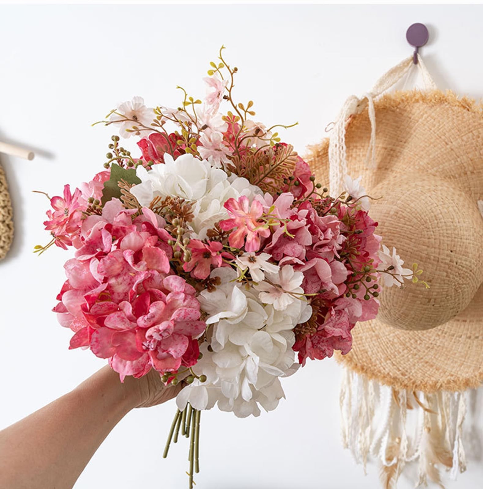 Set of 5-Stems Faux Hydrangea Silk Bouquet 13″ Tall with 10-inch Bloom Cluste…