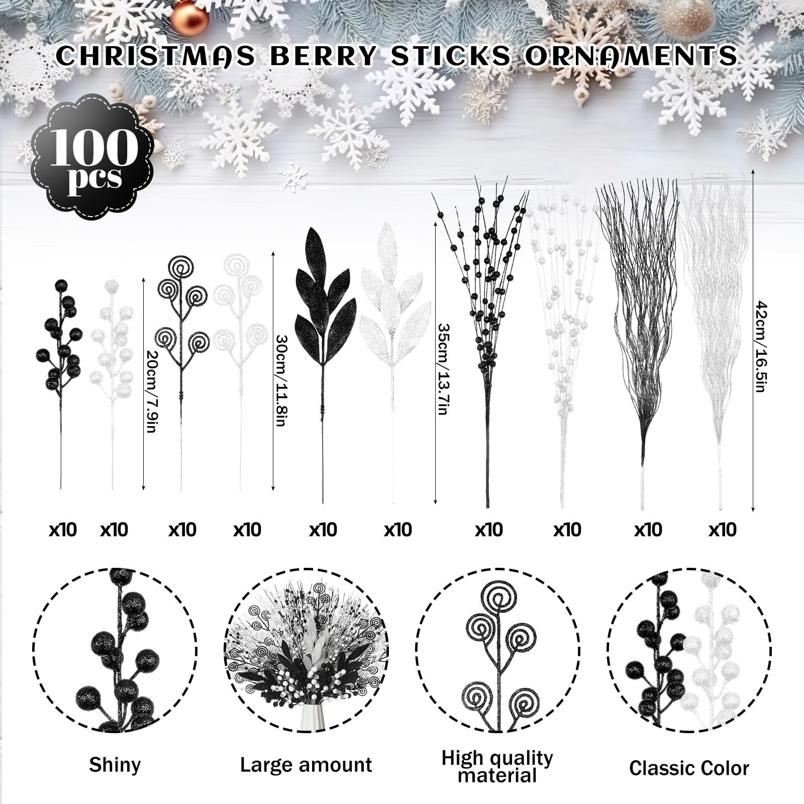 100 Pcs Black and White Christmas Picks and Sprays Christmas Tree Filler Deco…