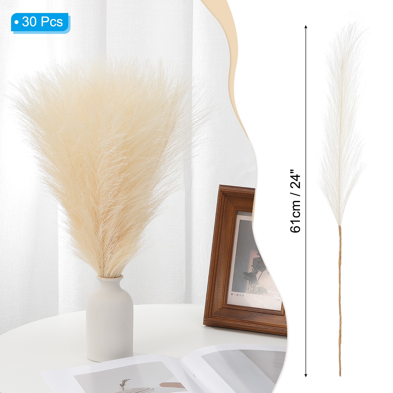 24in Pampas Grass Decor, 30pcs Artificial Pampas Grass Bulk Fluffy,Beige