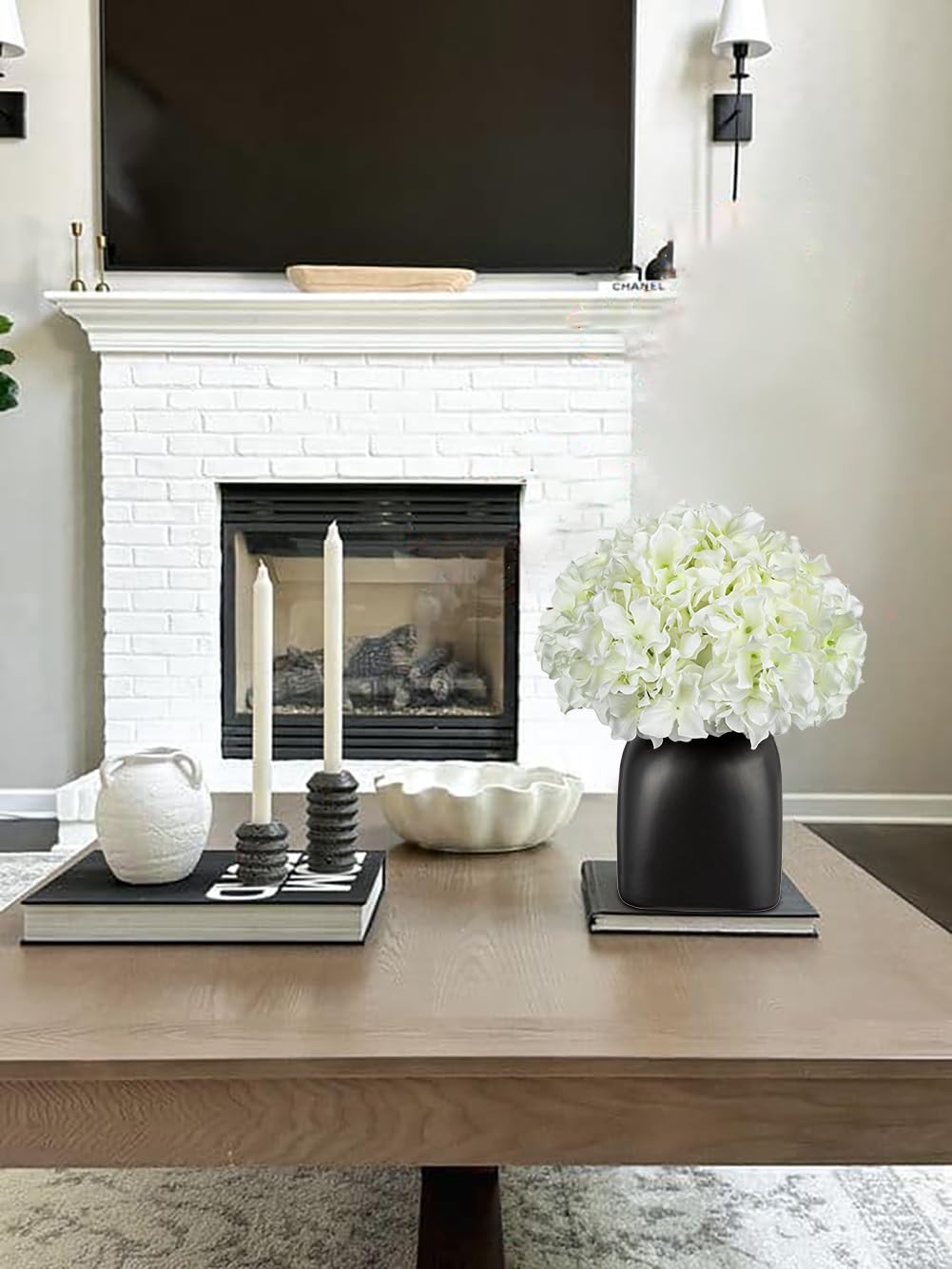 White Hydrangea Artificial Flowers in Ceramic Vase, Black Vase Farmhouse Cent…