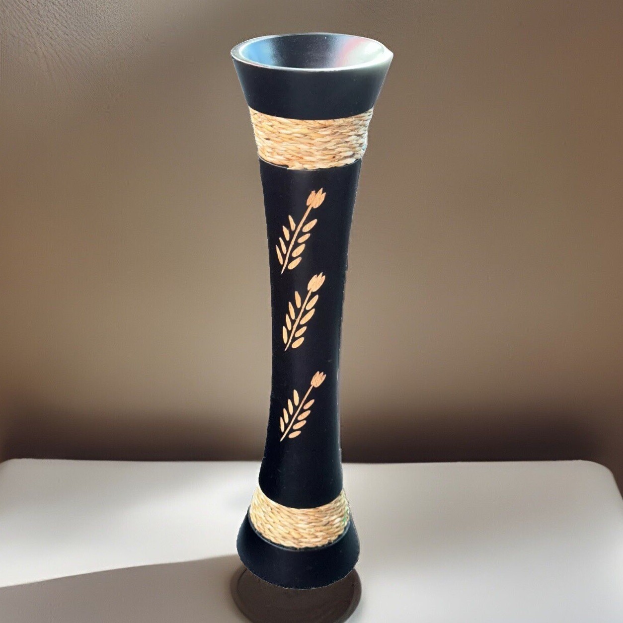 Gorgeous Black Wooden Vase with Hand Etched Flowers & Rope 12” Unique Home Decor