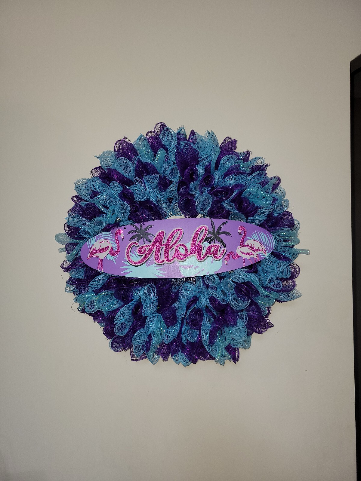 ALOHA Summer Spring Mesh Front Door Wreath Wall Decor BRIGHT Purple Pink Blue