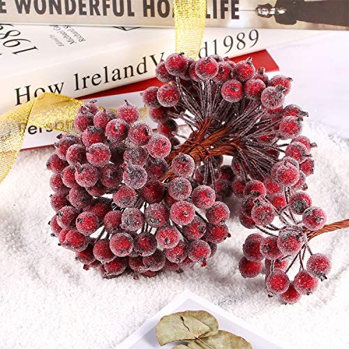 400 Pcs Berries Stems 12 mm Artificial Frosted Holly Berries for Dark Red