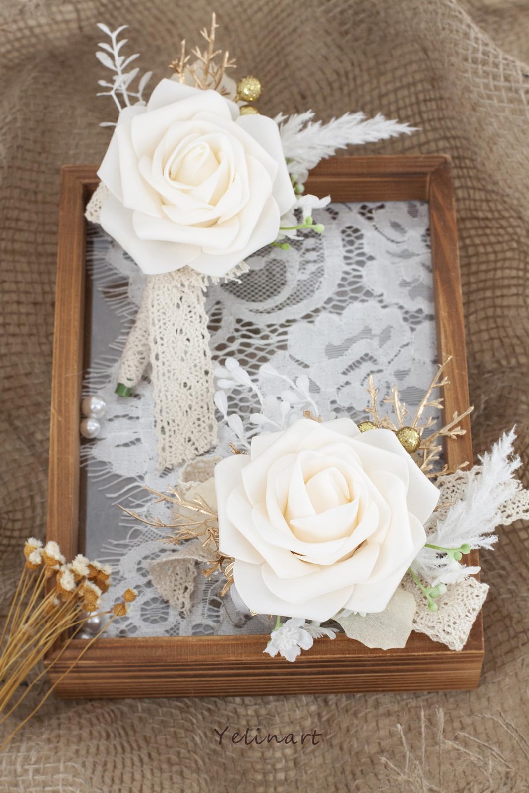 Yelinart Champagne & White Wrist Corsage and Boutonniere Set for Wedding Prom…