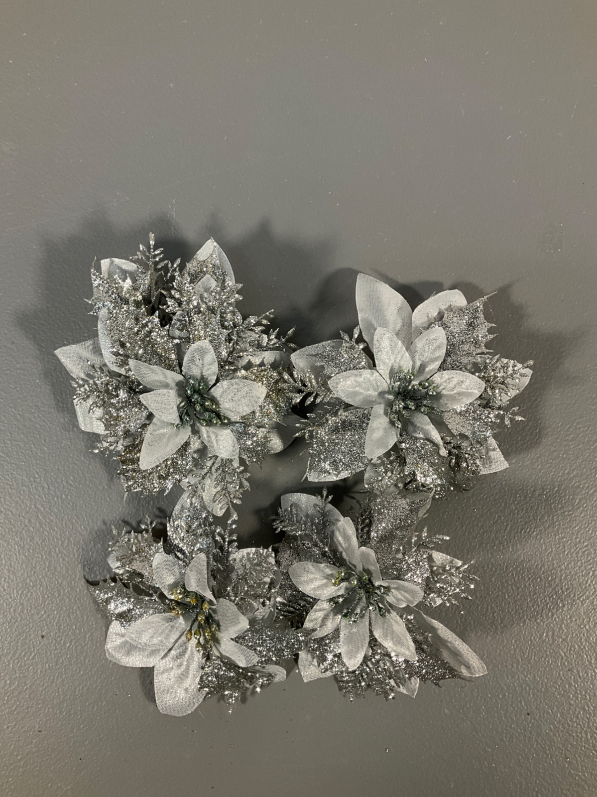 15 Silver Glitter Poinsettia Clips with Stems – Christmas Tree Decorations and D