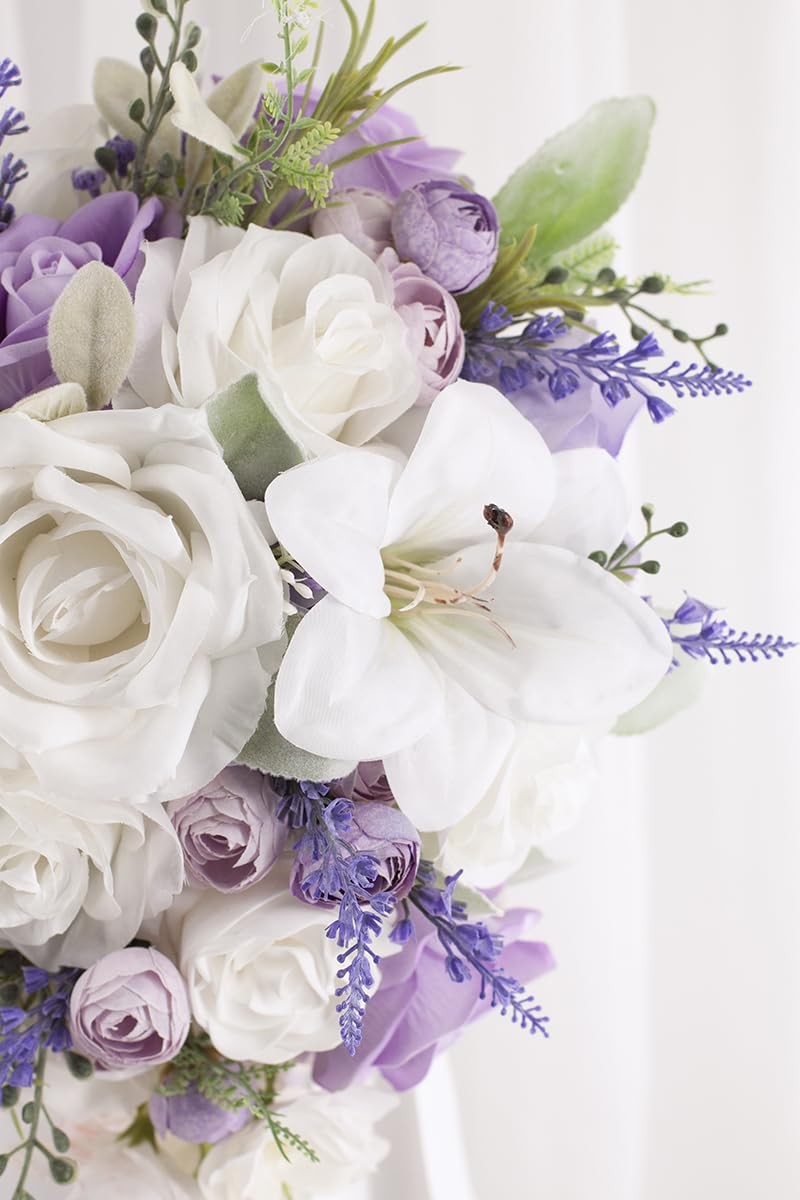 Floinla Bridal Bouquet Cascading, Lilac Purple & White Wedding Bouquets for B…