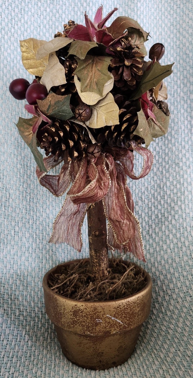Artificial Topiary Tree Pinecones, Leaves, Berries, Mauve & Gold Color 15”