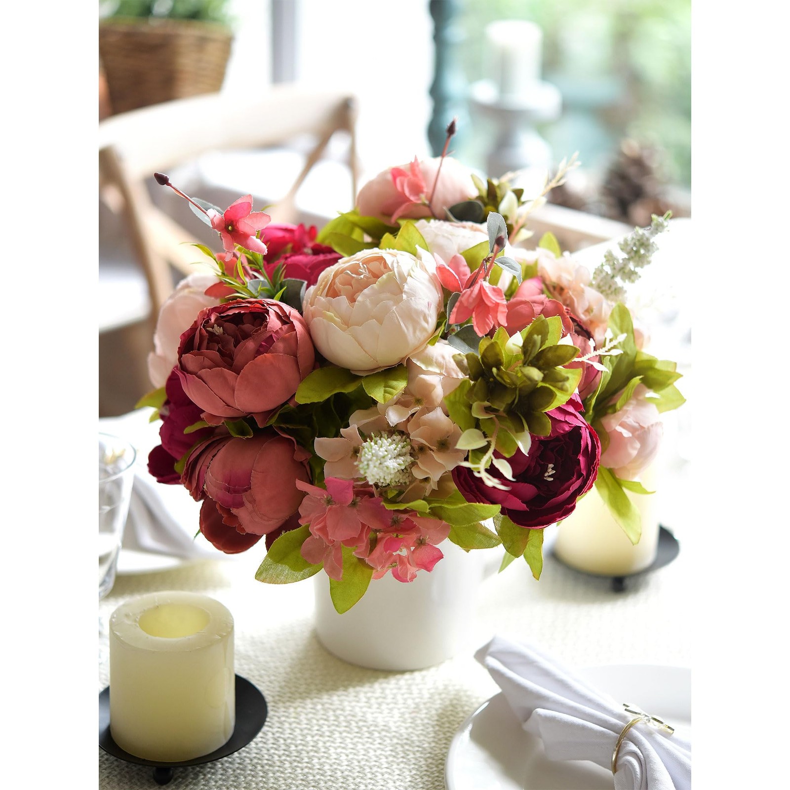 Pinkish Red and Dusty Pink Vintage Artificial Peonies Silk Flowers and Hydran…