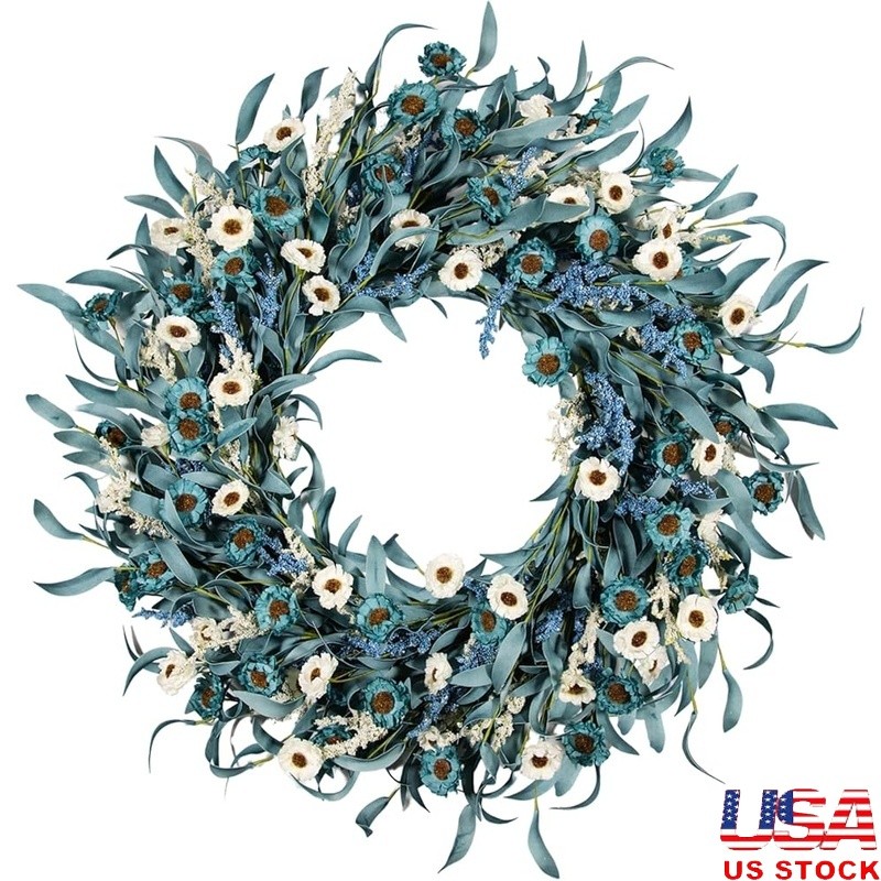 Rustic Flower Wreath Blue Daisy Eucalyptus Wheat Front Door Decor Seasonal Charm