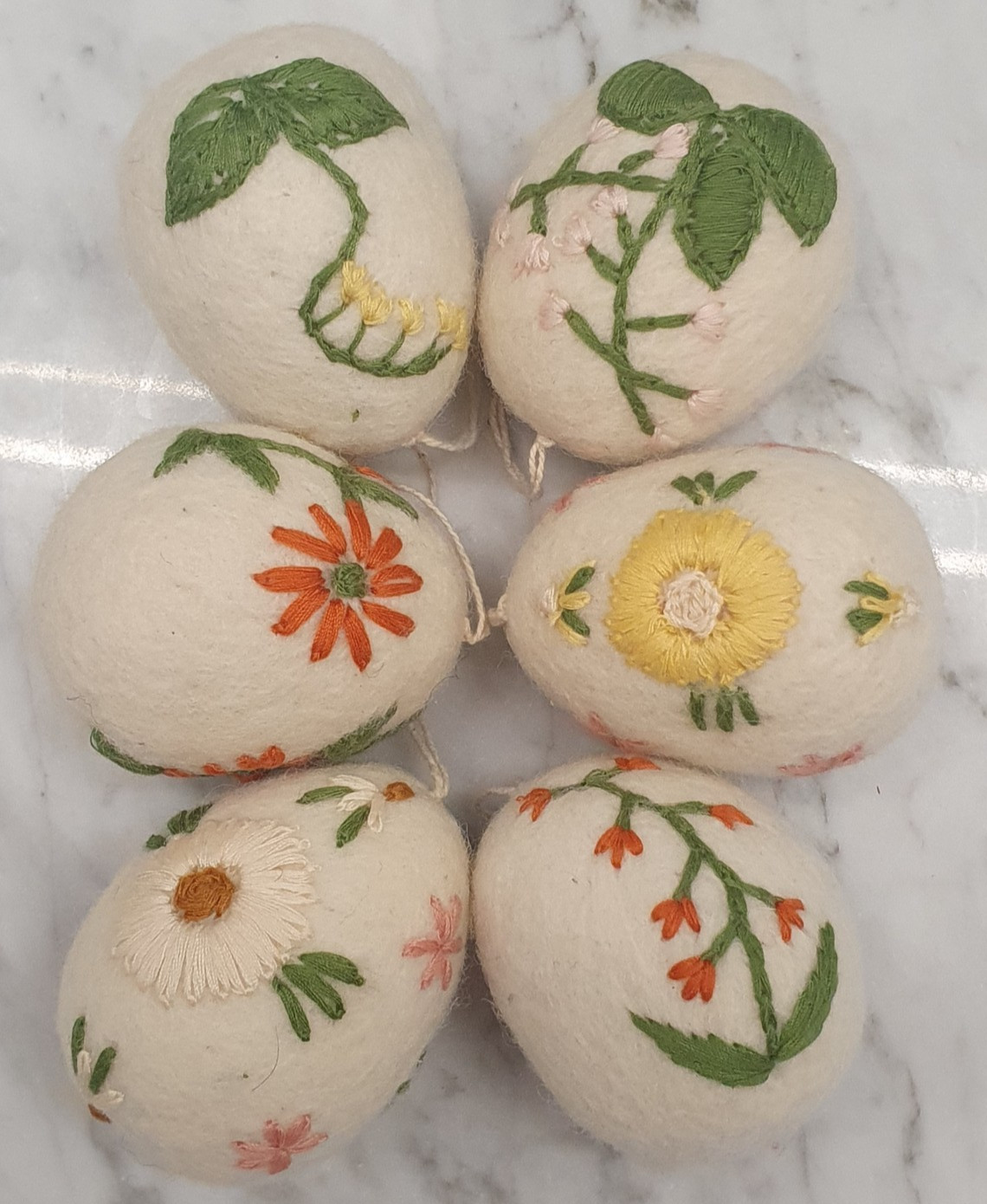 6 Cottage Core Farmhouse Chic Boiled Wool Eggs Embroidered Flowers Basket Decor