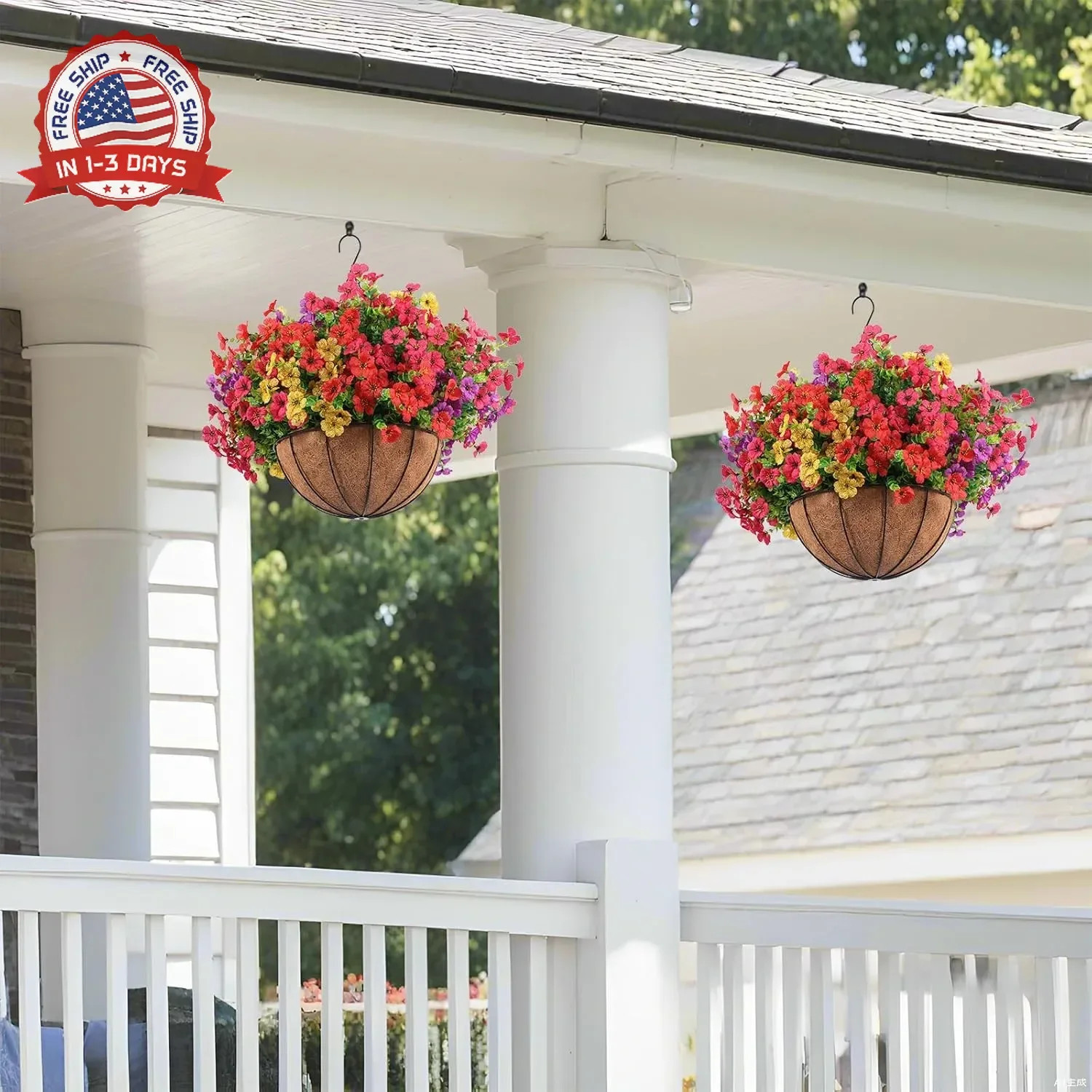 Hananona 2 Set Artificial Outdoor Flowers with Hanging Basket, 2 Hanging Planter