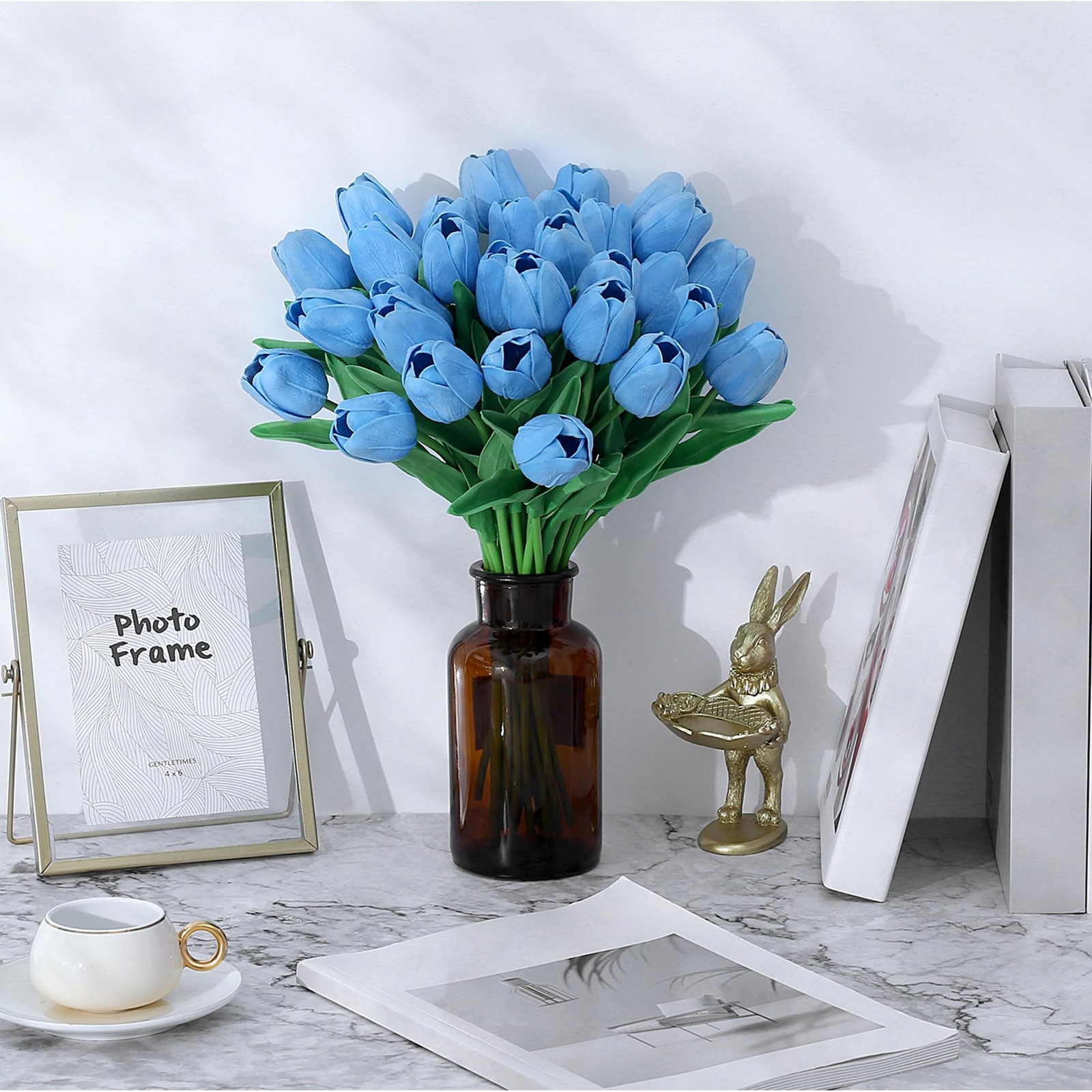 15 PCS Blue Tulips Fake Artificial Flowers Real Touch 14 Inch PU Home Decor