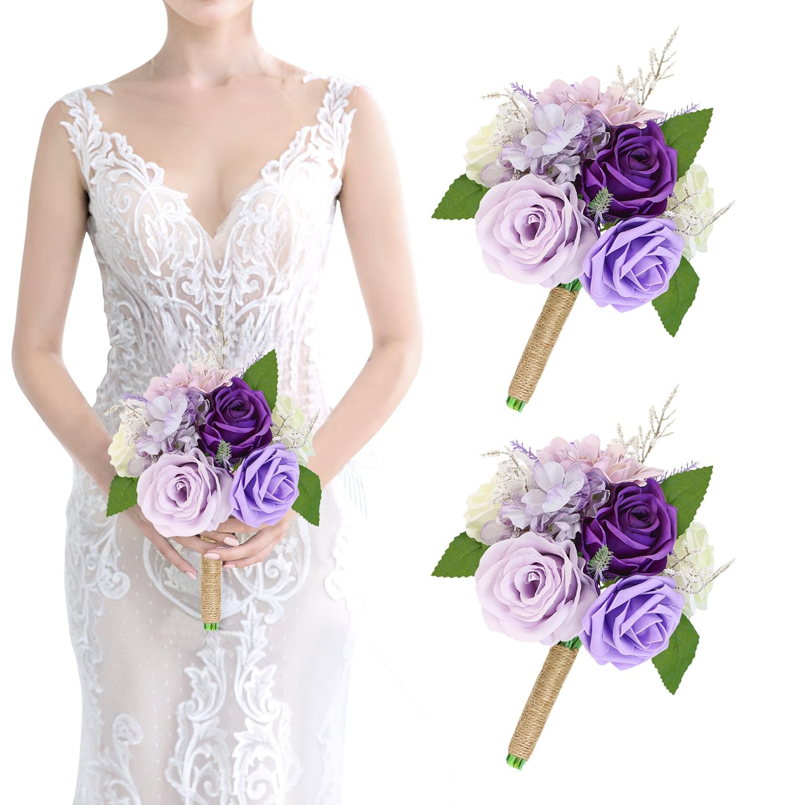 EMONONIA Artificial Bridesmaid Bouquets Set of 2 for Wedding – 7 inch Purple …