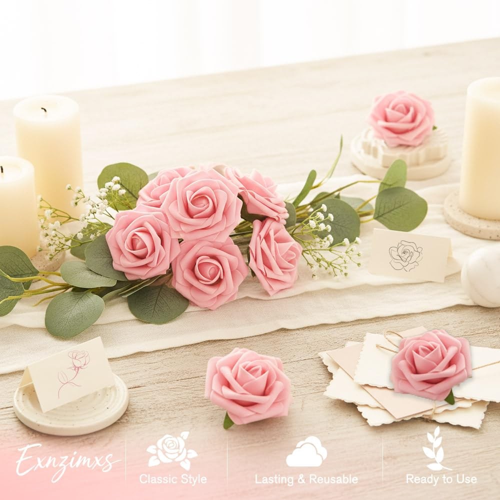 Artificial Flowers, 25pcs Blush Pink Fake Roses with Stems for DIY Wedding De…