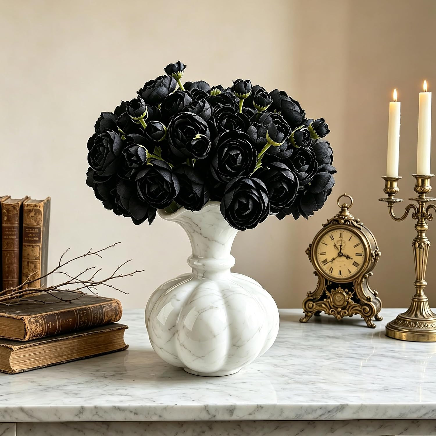 Black Faux Silk Ranunculus Bouquet – 24 Stems for Weddings & Home Décor