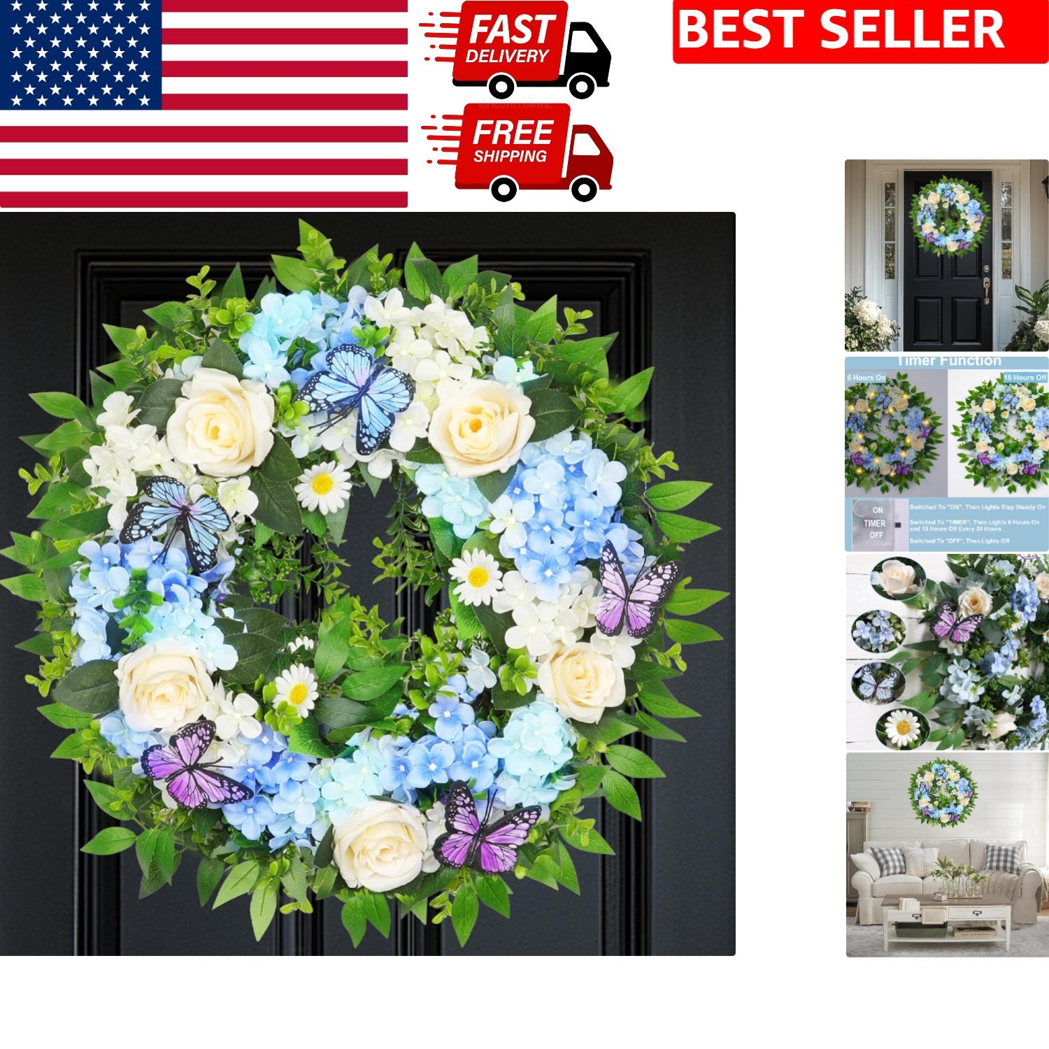 Elegant Lighted Hydrangea & Butterfly Wreath for All Seasons