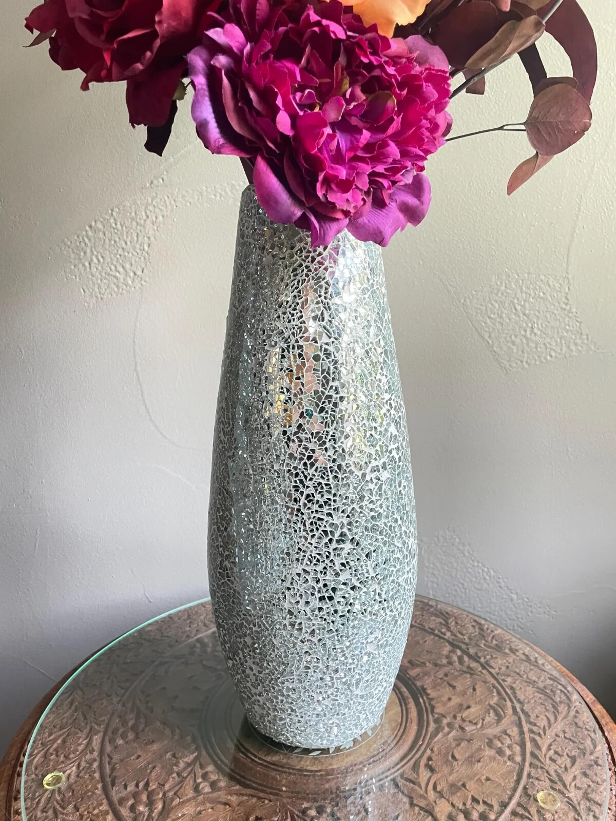 Flower Arrangement- Burgundy Orange Mauve Roses Tulips Hydrangea Centerpiece