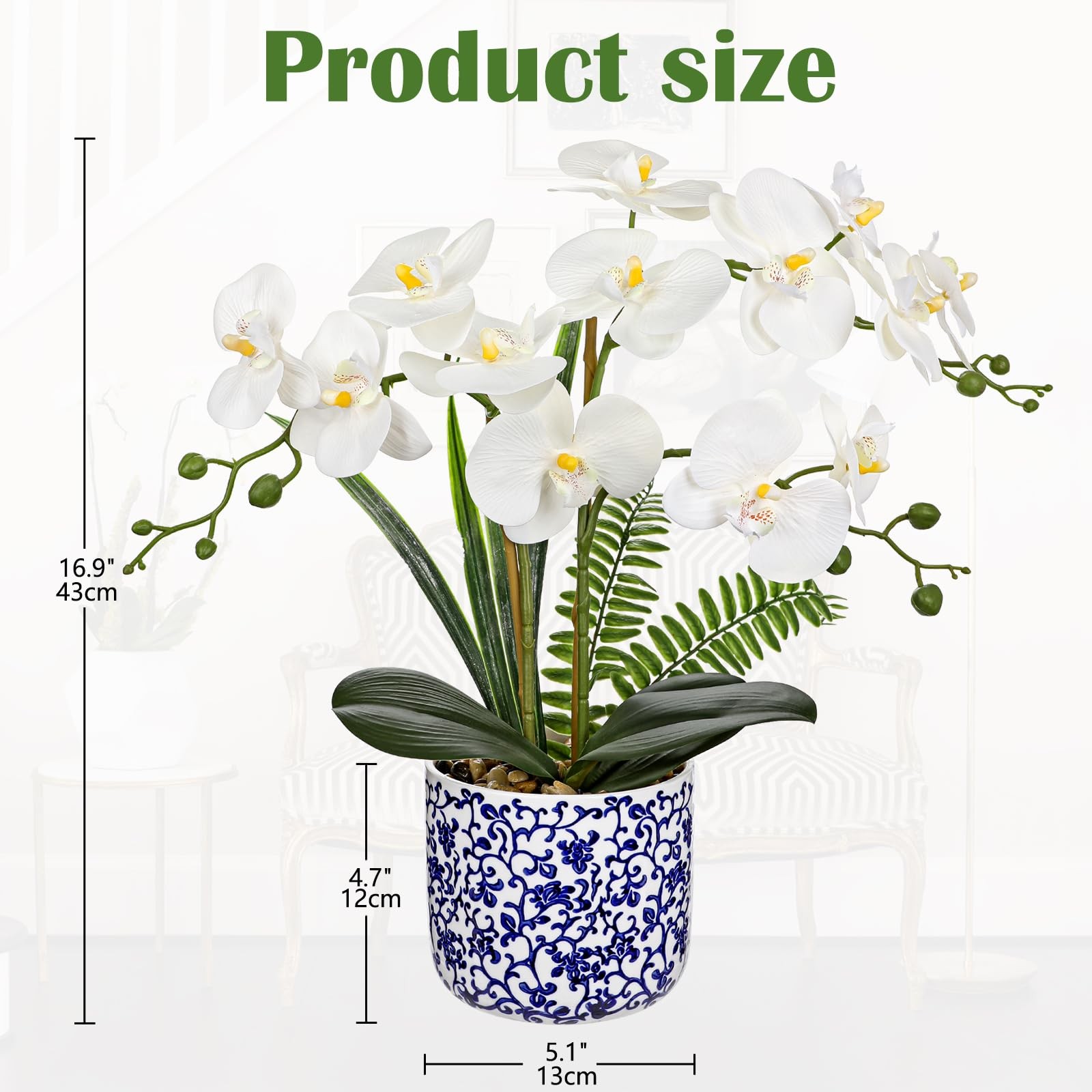 White Orchid Artificial Flowers Blue White Pot 16.9 Inch Silk Fake Plant Faux