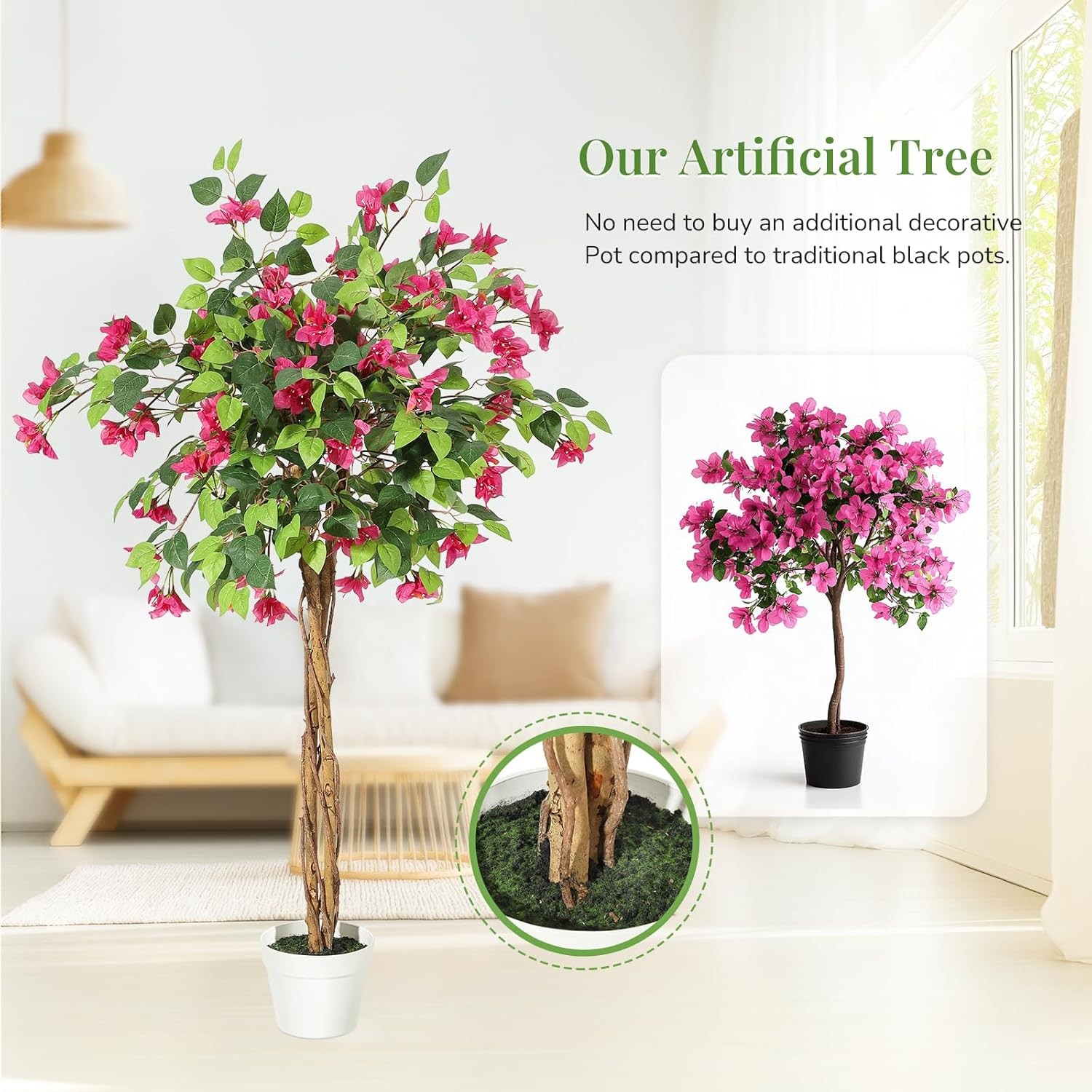 Artificial Bougainvillea Tree 4FT Fake Flower Tree Artificial Indoor w/White Pot