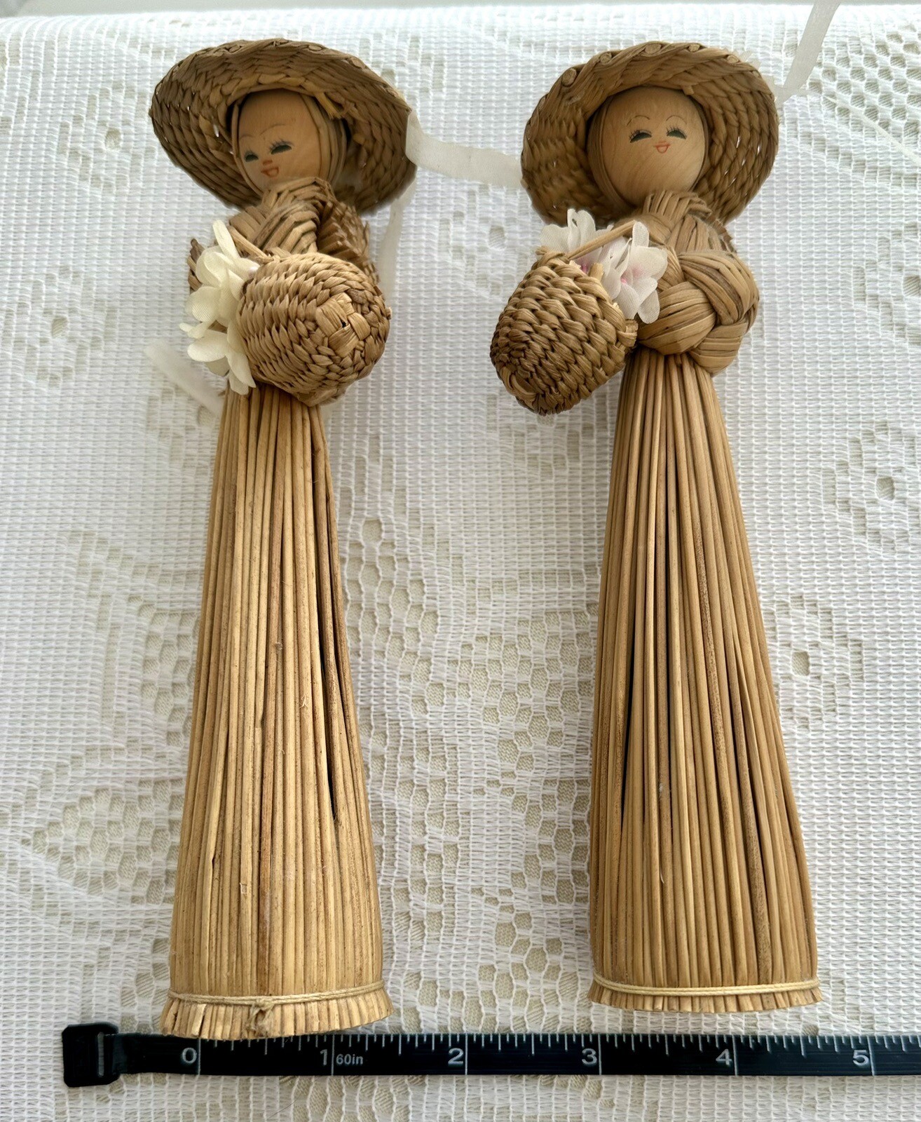 2 Vintage Artisan Corn Husk & Wood Dolls Broom Straw Girls Basket Flowers & Hat