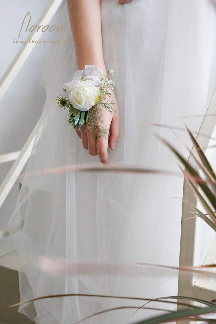 Ivory Rose Wrist Corsage and Boutonniere Set for Weddings and Proms
